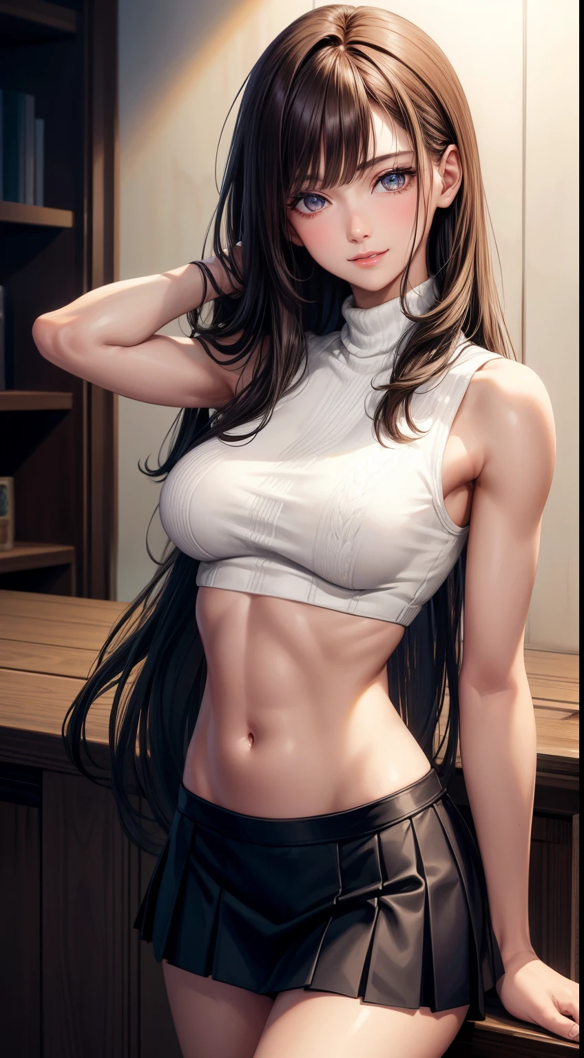 (masterpiece:1.3), High resolution, Super detailed, Highly detailed CG Unity 8K wallpaper, realistic, photo-realistic, Raw photo, Beautiful and dense face, pale skin, realistic glistening skin, fine cloth texture, detailed hair texture, perfect body, beautiful face, Accurate, anatomically correct, Highly detailed face and skin texture, natural neck length, (beautiful hands), (Fair skin:1.2), thin legs, thin legs,
break,
fine eyes, symmetrical eyes, light brown eyes, double eyelid, thin eyebrows, (glossy lips:1.4), (smile gently:1.2),
break,
(NSFW:1.1), (classy and cute girl:1.3), (1 girl), ((Wearing a white sleeveless turtleneck midriff sweater:1.3)), ((No bra:1.1)), (black pleated skirt), (knee high boots),
(medium big breasts, slender body shape, toned abdominal muscles, firm chest:1.1), beautiful clavicle,
(dark blonde hair, wavy hair, long hair:1.2), ((asymmetrical bangs:1.2)),