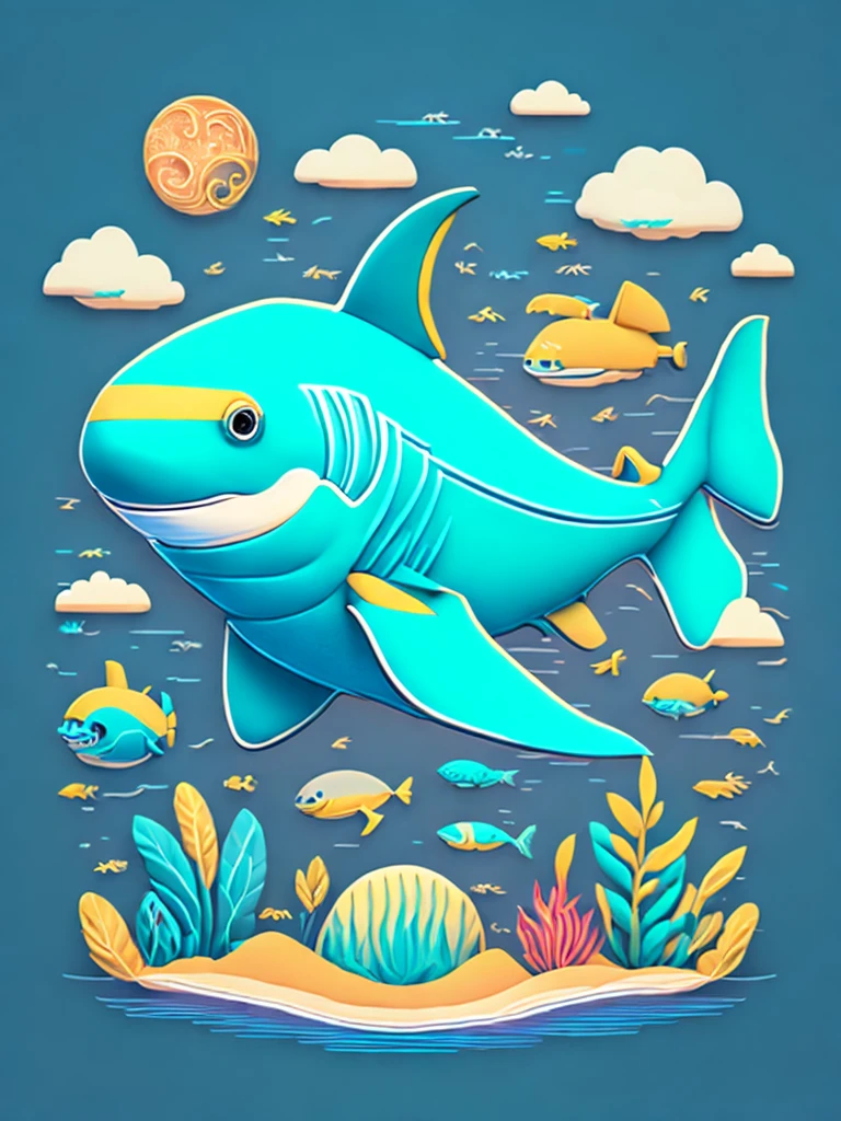 marine animal, the shark, children's book illustration style, high qulity, vectorial art, lineworks