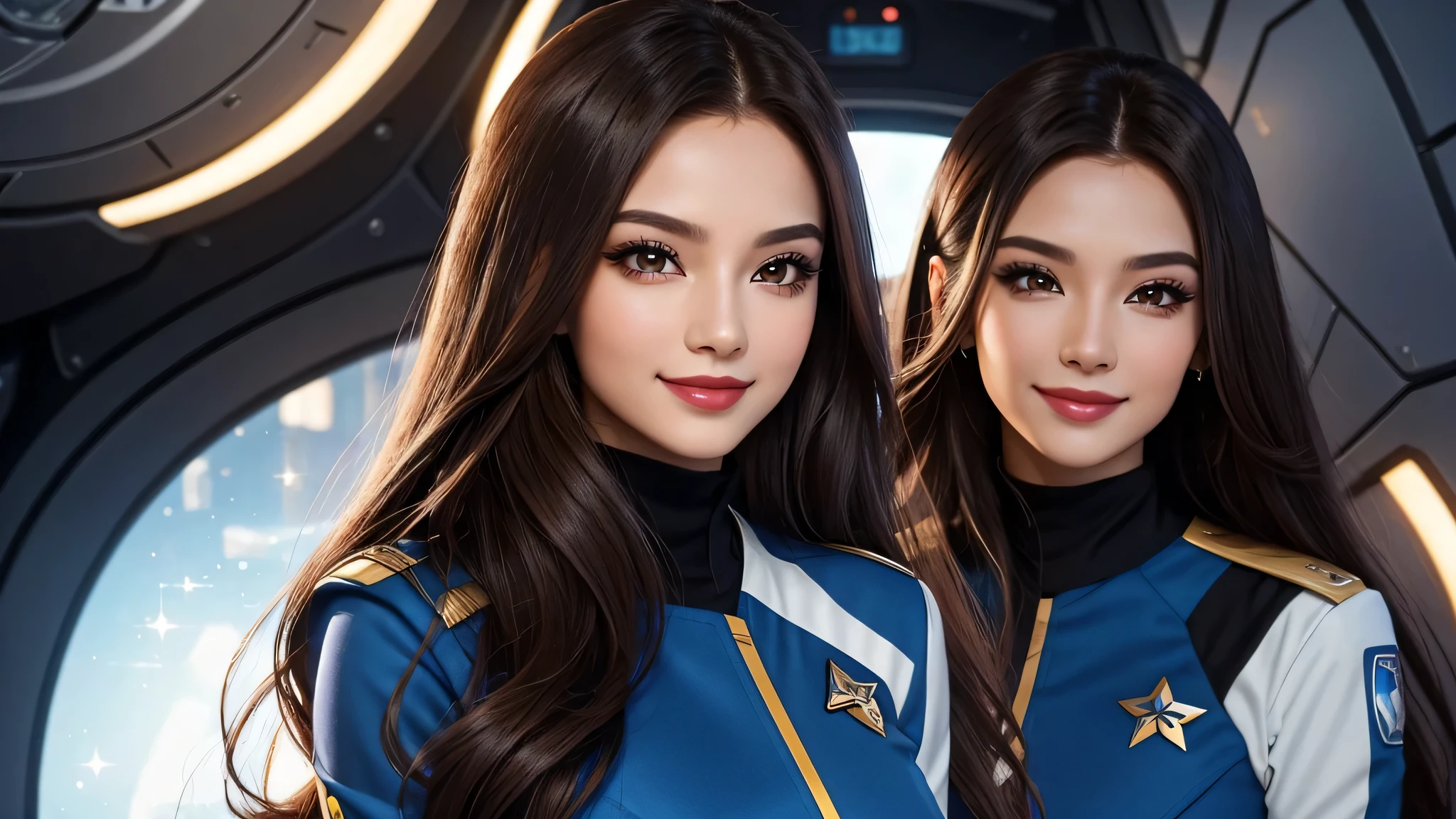 20 year old sexy space beauty, Beautiful with long luscious brown hair, eyeliner, lipstick, eye shadow, flirty smile, cute sparkle in her eyes, like々new enthusiasm, on the corporate bridge, Wearing a TNG uniform, sophisticated facial details,,perfect body,(Lie:1.3)