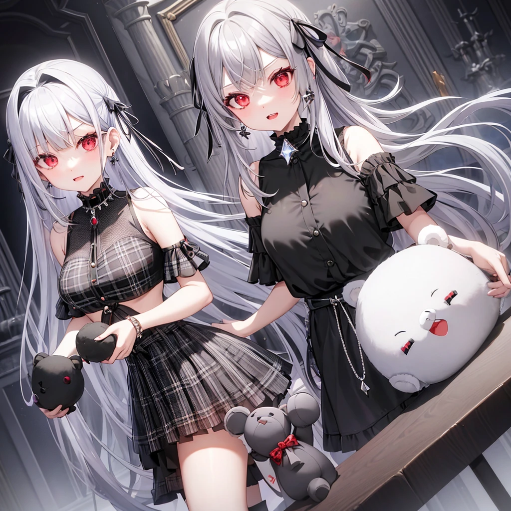 silver hair、red eyes、one good looking girl、solo、anime、plaid mini skirt、black camisole、black t-shirt、dress、wearing a ribbon、ribbon at waist、stones are piled up、crystal earrings、jewelry necklace、Light and shadow、tilting one's face、teeth are visible、pillar、skylight、fireplace、Holding a stuffed bear