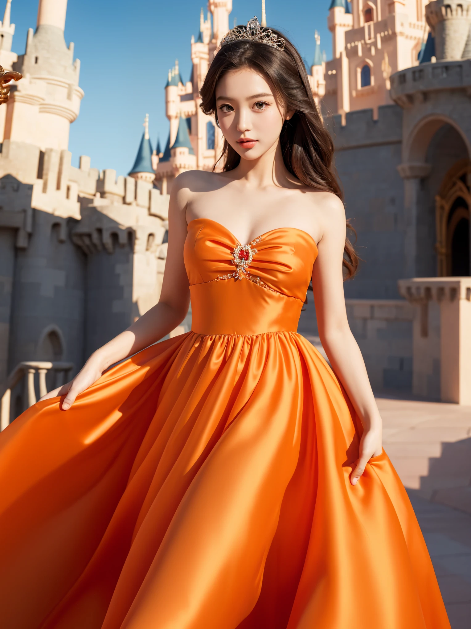 orange dress, Disney princess, disney castle background, Lovely dress, pretty cloth,