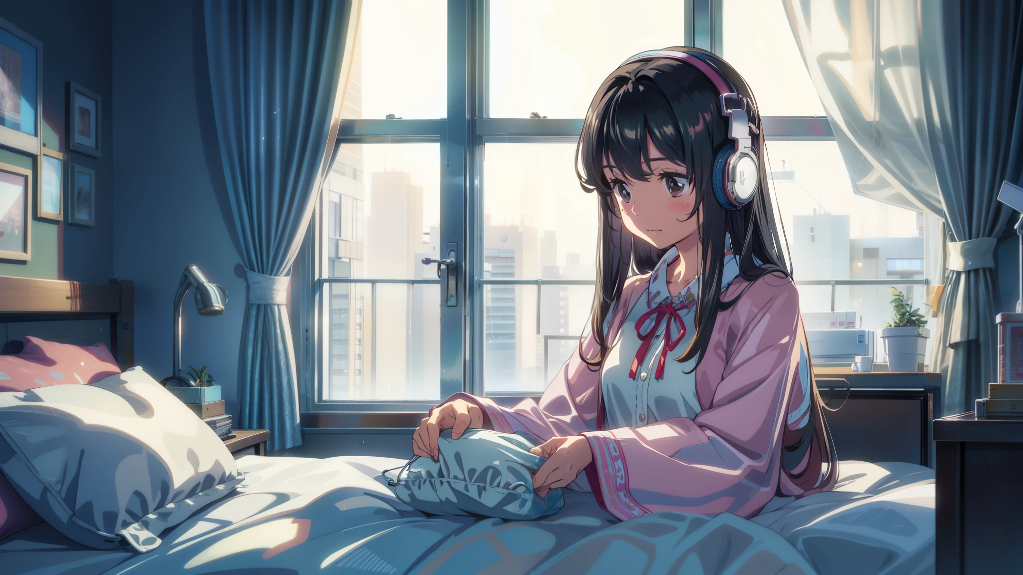 morning,Comfortable rental housing,Cute long-haired girl got up from bed,surprised expression,sleepy eyes,It was raining outside the window,Wearing headphones