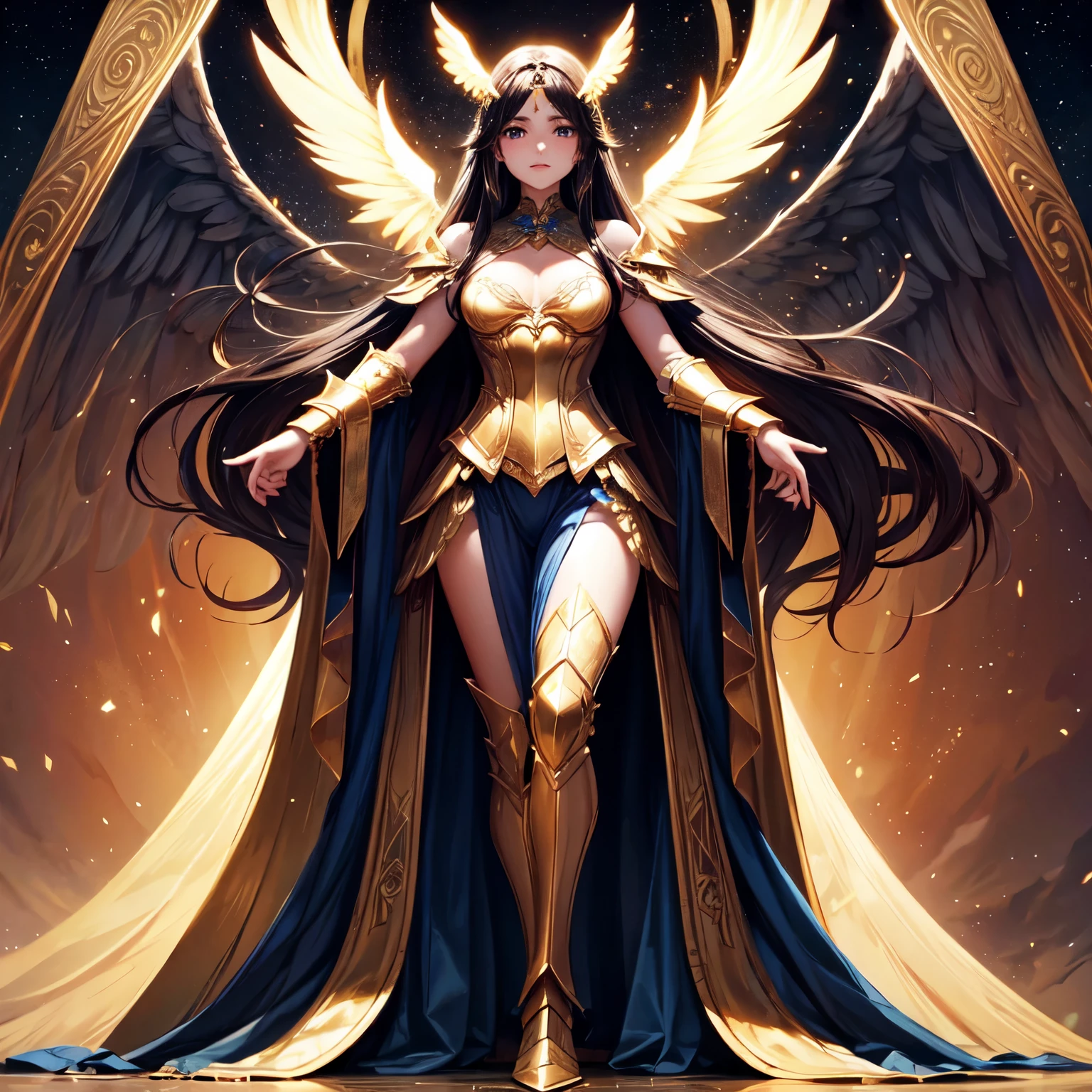 best quality, extremely beautiful, beautiful face, angel woman, four huges golden wing, revealing armor with open front skirt, very long dark hair
