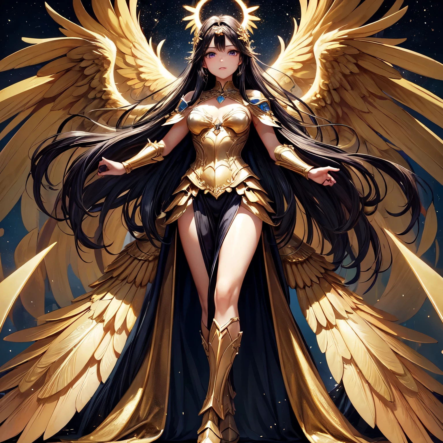 best quality, extremely beautiful, beautiful face, angel woman, four huges golden wing, revealing armor with open front skirt, very long dark hair
