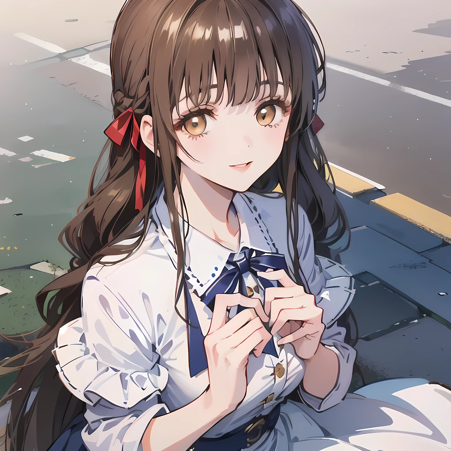 highest quality, (masterpiece:1.2), High resolution, perfect pixel, One so beautiful woman is standing, 16 years old, (((big very detailed beautiful dark brown eyes))), ((luxurious dress like a princess)), ((Very big and cute hair ribbon)), ((((very beautiful long straight straight hair)))), half up, ((Looking up at the viewer and smiling)), Very fun, Very happy, mouth is open, the skirt is so cute, detailed fingers, modest chest, ((curled bangs)), ((Lip balm)), so beautiful, long eyelashes, ((dress is photo realistic)), (((Touching your hair with your hands))), ((Showing viewers the beauty of straight hair)), ((very big girly hair ribbons)), ((Impressive and very beautiful eyes)), (((shot from above))), double eyelids, ((((Looking up at the viewer)))), The background is a luxurious palace dance hall.
