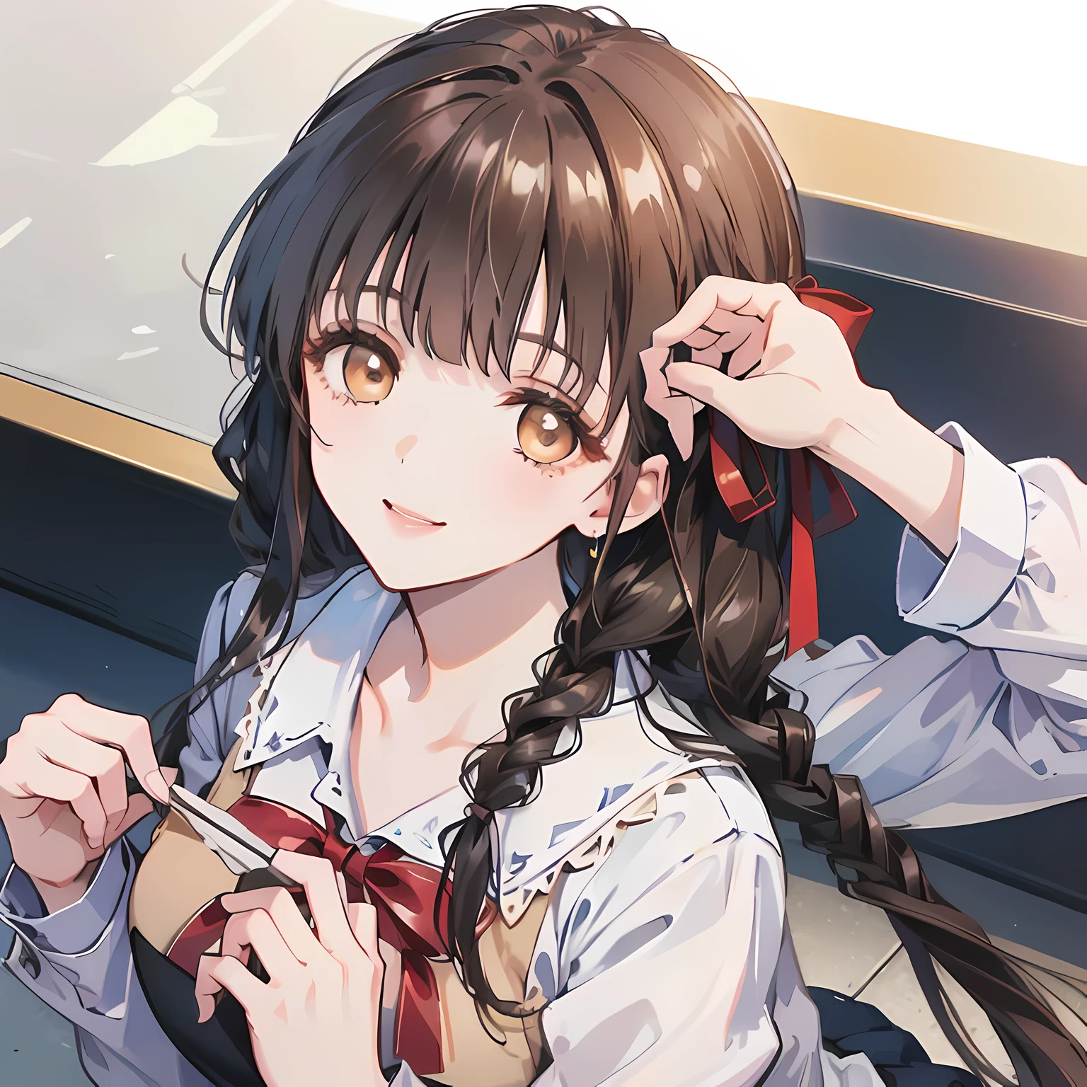 highest quality, (masterpiece:1.2), High resolution, perfect pixel, One so beautiful woman is standing, , (((big very detailed beautiful dark brown eyes))), ((luxurious dress like a princess)), ((Very big and cute hair ribbon)), ((((very beautiful long straight straight hair)))), half up, ((Looking up at the viewer and smiling)), Very fun, Very happy, mouth is open, the skirt is so cute, detailed fingers, modest chest, ((curled bangs)), ((Lip balm)), so beautiful, long eyelashes, ((dress is photo realistic)), (((Touching your hair with your hands))), ((Showing viewers the beauty of straight hair)), ((very big girly hair ribbons)), ((Impressive and very beautiful eyes)), (((shot from above))), double eyelids, ((((Looking up at the viewer)))), The background is a luxurious palace dance hall.
