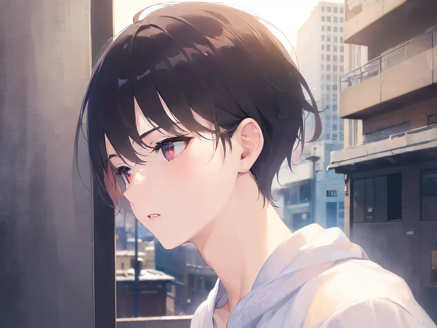 (lookimg away:2), side angle, Upper Body, Realistic, real person, RAW photo, photorealistic, portrait photography, shining screen, masterpiece、highest quality、(25 year old male:1.5) and (brown short hair) and (red eyes), wearing a plain white T-shirt、Are standing、serious expression、open mouth, background is outside、(Alone:1.5)