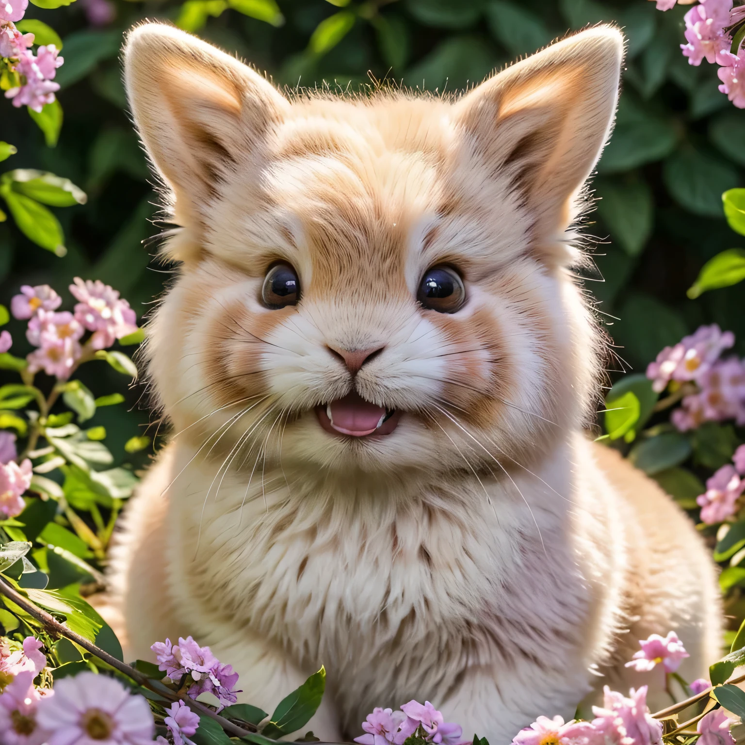 (best quality,4k,8k,highres,masterpiece:1.2),ultra-detailed,realistic,cute rabbit show teeth,pink fur,detailed fluffy ears,sparkling eyes,nose twitching,enjoying a sunny day,in a lush garden,blooming flowers,colorful butterflies,happy expression,natural lighting,soft pastel tones,playful posture