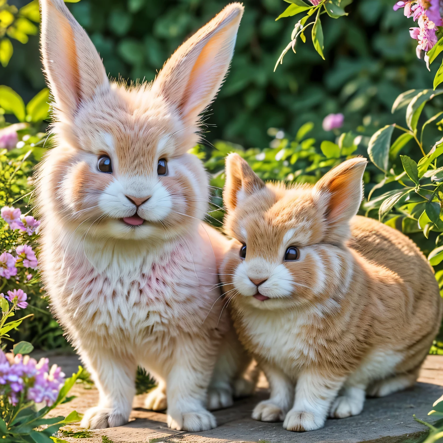 (best quality,4k,8k,highres,masterpiece:1.2),ultra-detailed,realistic,cute rabbit show teeth,pink fur,detailed fluffy ears,sparkling eyes,nose twitching,enjoying a sunny day,in a lush garden,blooming flowers,colorful butterflies,happy expression,natural lighting,soft pastel tones,playful posture