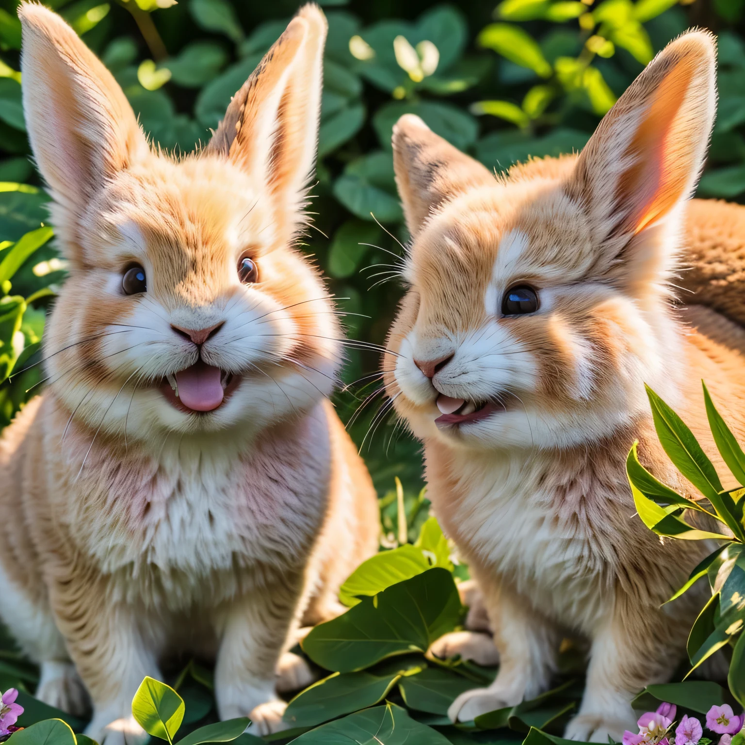 (best quality,4k,8k,highres,masterpiece:1.2),ultra-detailed,realistic,cute rabbit show teeth,pink fur,detailed fluffy ears,sparkling eyes,nose twitching,enjoying a sunny day,in a lush garden,blooming flowers,colorful butterflies,happy expression,natural lighting,soft pastel tones,playful posture