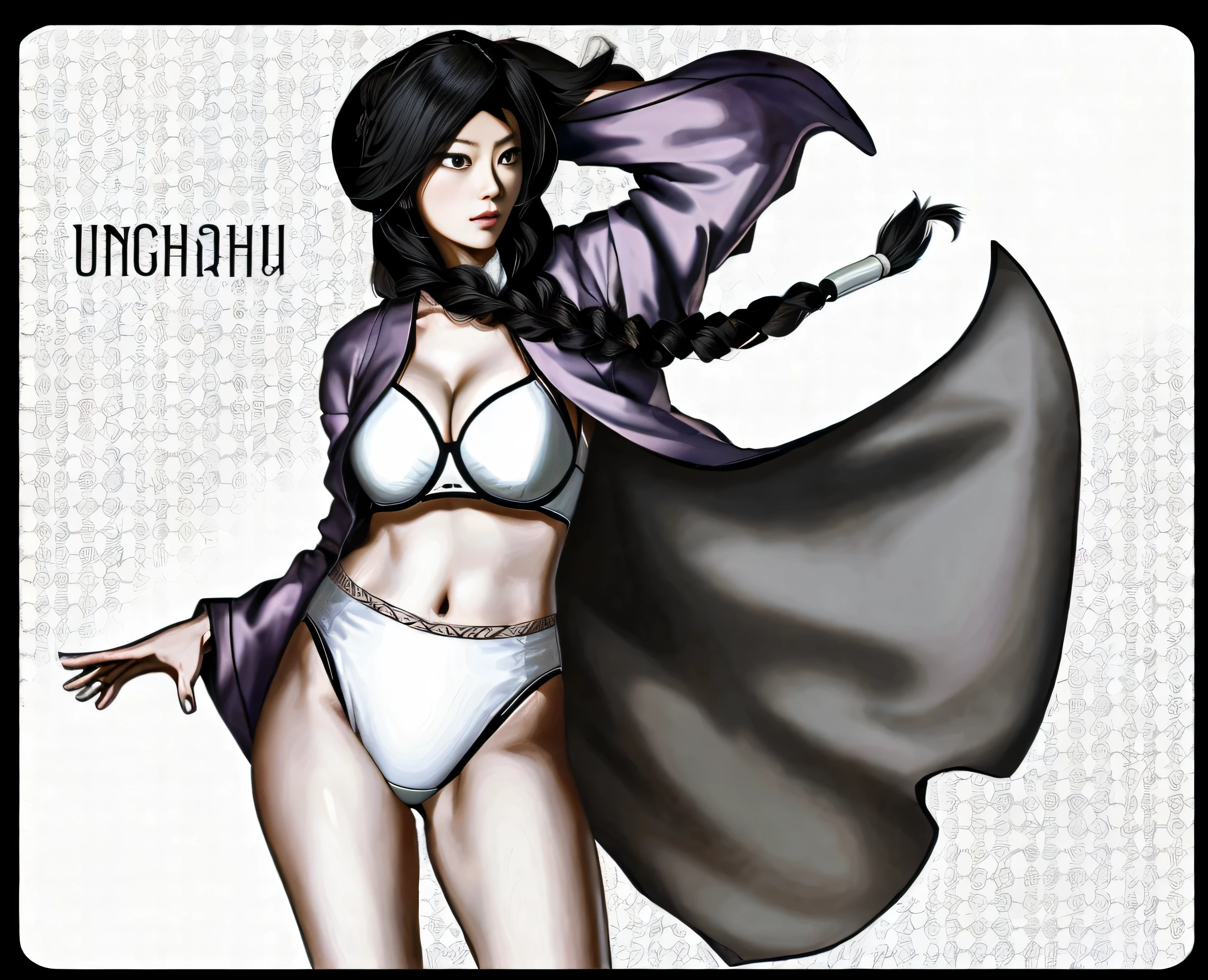 ((masterpiece, best quality)), ((39 year old)), (((Curvy))), ((Unohana from Bleach)), ((Japanese woman with long black braided hair)), ((white high cut panties)), white bra, purple kimono, Blue eyes, Text "Unohana" on the side, elaborate background pattern, (((realistic art style)))