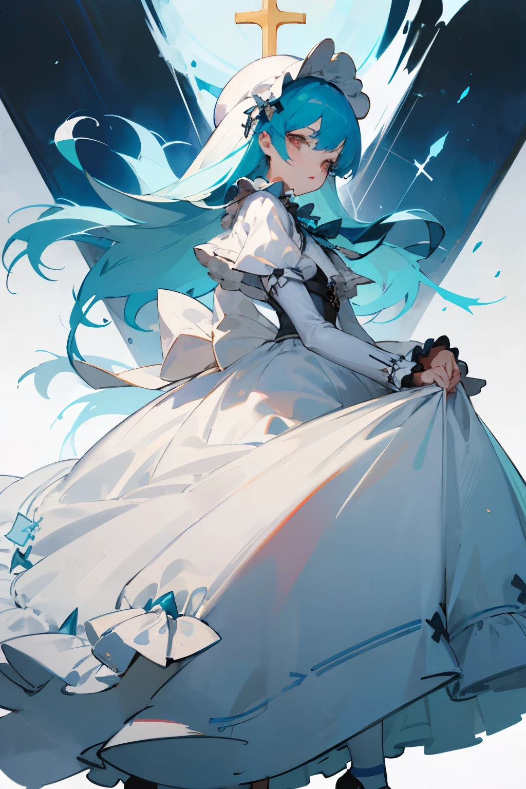 Tiffany Blue Hair, white ta clothes,frills,cross,wolf cut
