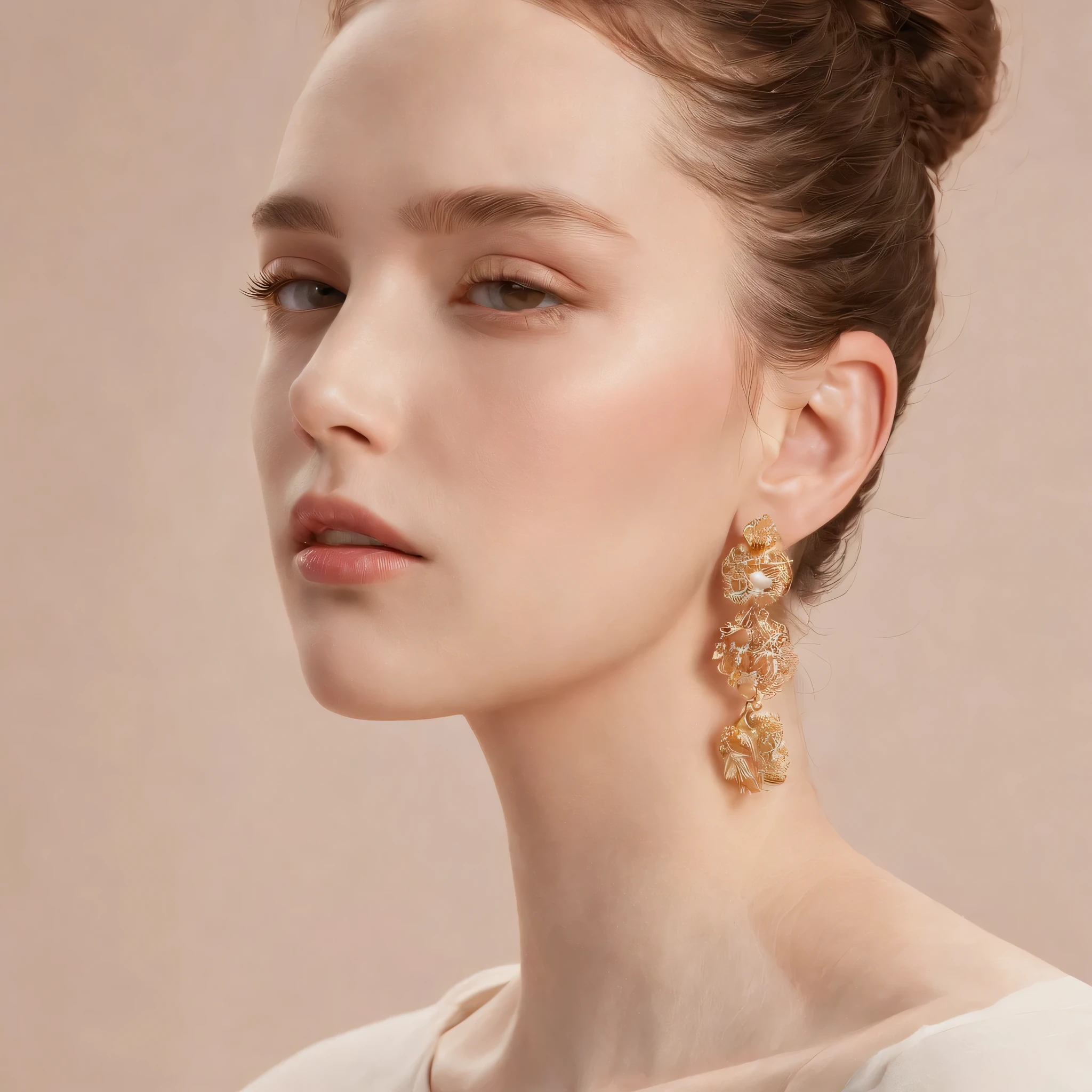 Generate a detailed and realistic image based on the following description: A close-up portrait of a young woman with a side-view profile. She wears delicate gold minimal design earrings that catch the soft light around her. Her makeup is natural and enhances her features without being overpowering. The background is minimal with pastel tones, providing a serene backdrop to accentuate the woman's beauty. Ensure the image is rendered with high attention to detail, capturing the subtle nuances of her expression, complexion, and the texture of the earrings.