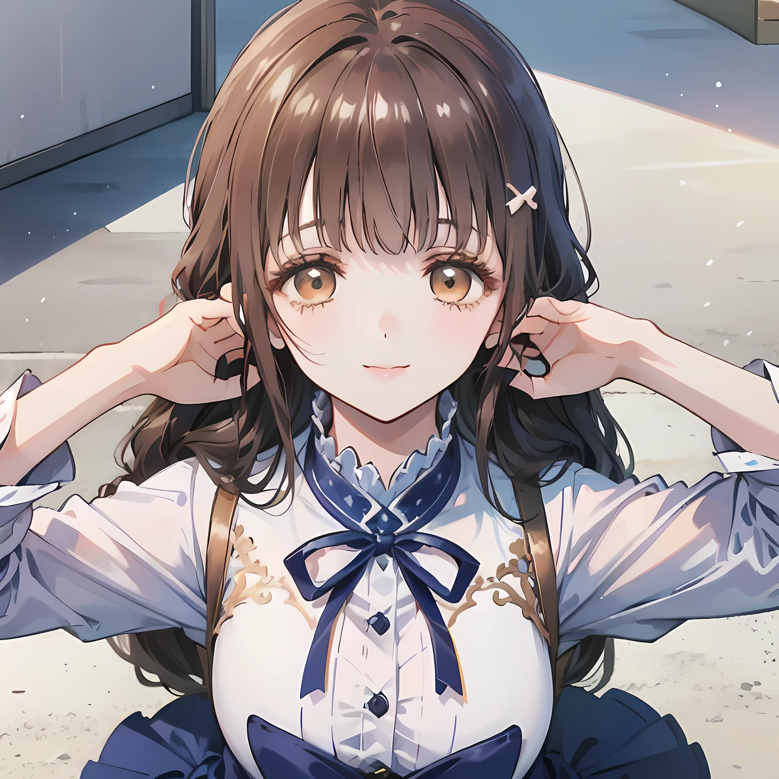 highest quality, (masterpiece:1.2), High resolution, perfect pixel, one so beautiful princess, 16 years old, (((big very detailed beautiful dark brown eyes))), ((Luxurious dresses for princesses in rococo style)), ((Very big and cute hair ribbon)), ((((very beautiful long straight straight hair)))), half up, ((Looking up at the viewer and smiling)), Very fun, Very happy, mouth is open, the skirt is so cute, detailed fingers, modest chest, ((curled bangs)), ((Lip balm)), so beautiful, long eyelashes, ((dress is photo realistic)), (((Touching your hair with your hands))), ((Showing viewers the beauty of straight hair)), ((very big girly hair ribbons)), ((Impressive and very beautiful eyes)), (((shot from above))), double eyelids, ((((Looking up at the viewer)))), The background is a luxurious palace dance hall.