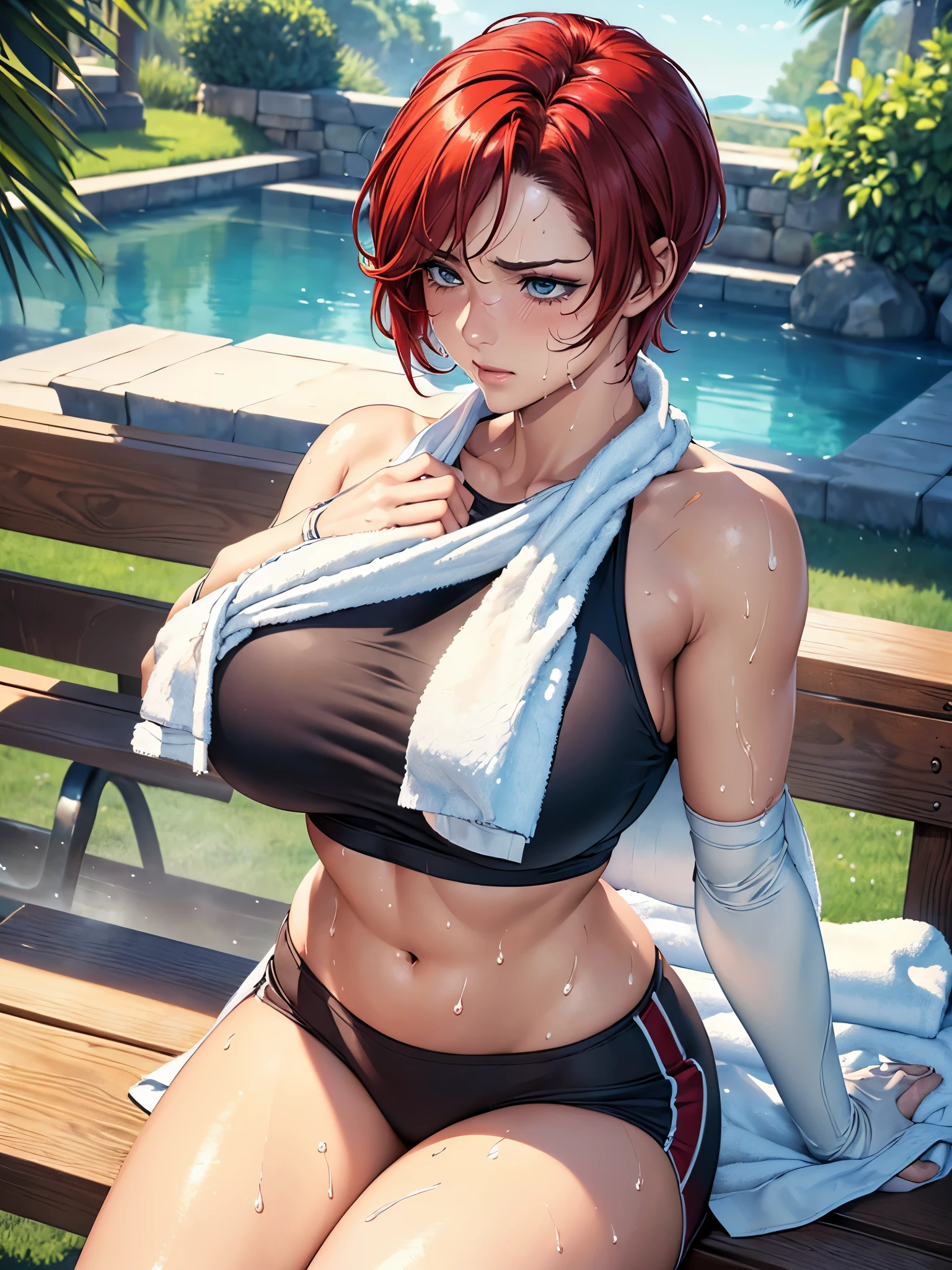 ((highest quality)),(ultra high resolution),(Super detailed),(detailed description),((best CG)),(best work of art),super precision art,amazing drawing art,(Art with precise details:1.5), (A woman wiping her sweat with a towel around her neck:1.7),(beautiful and well-shaped face:1.4),(Crop top training wear that sticks to you with sweat:1.5),flowing sweat:1.3,(Intricately detailed, shiny, bright red short hair:1.3),sitting on the bench:1.6