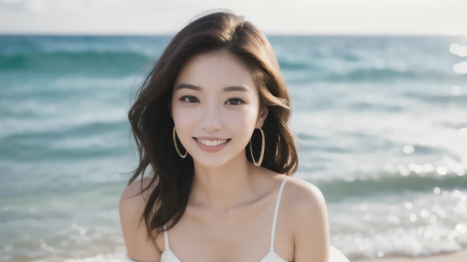 masterpiece, highest quality, alone, 1 girl, glowing skin, glamorous, quirky details, medium hair, fascinating,  off shoulder bikini swimsuit, shallow depth of field, contrasting, Professional models, facing the front, smile gently、portrait, Blurred background of a private beach