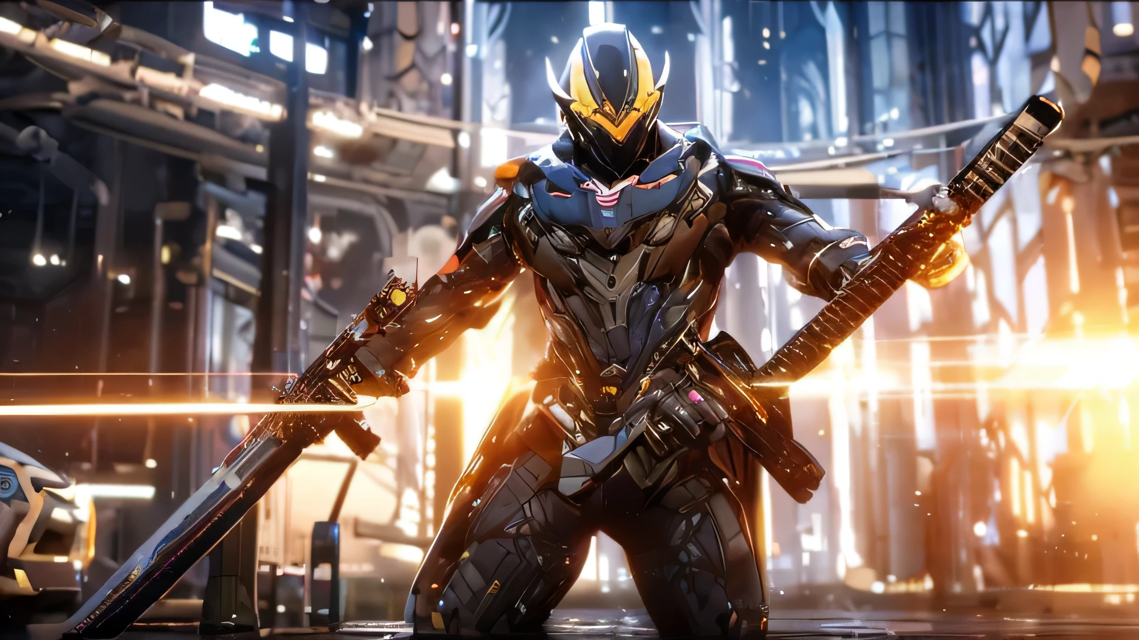 1boy,mech suit,robot,Warframe,marvel,Action movie,chrome metarial,universalcosmos,magic background,Cyberpunk light,3D rendering,Carry a katana on your back，Holding laser gun in hand，Shield-shaped aircraft on feet，suspended in the air，There are many flying swords around