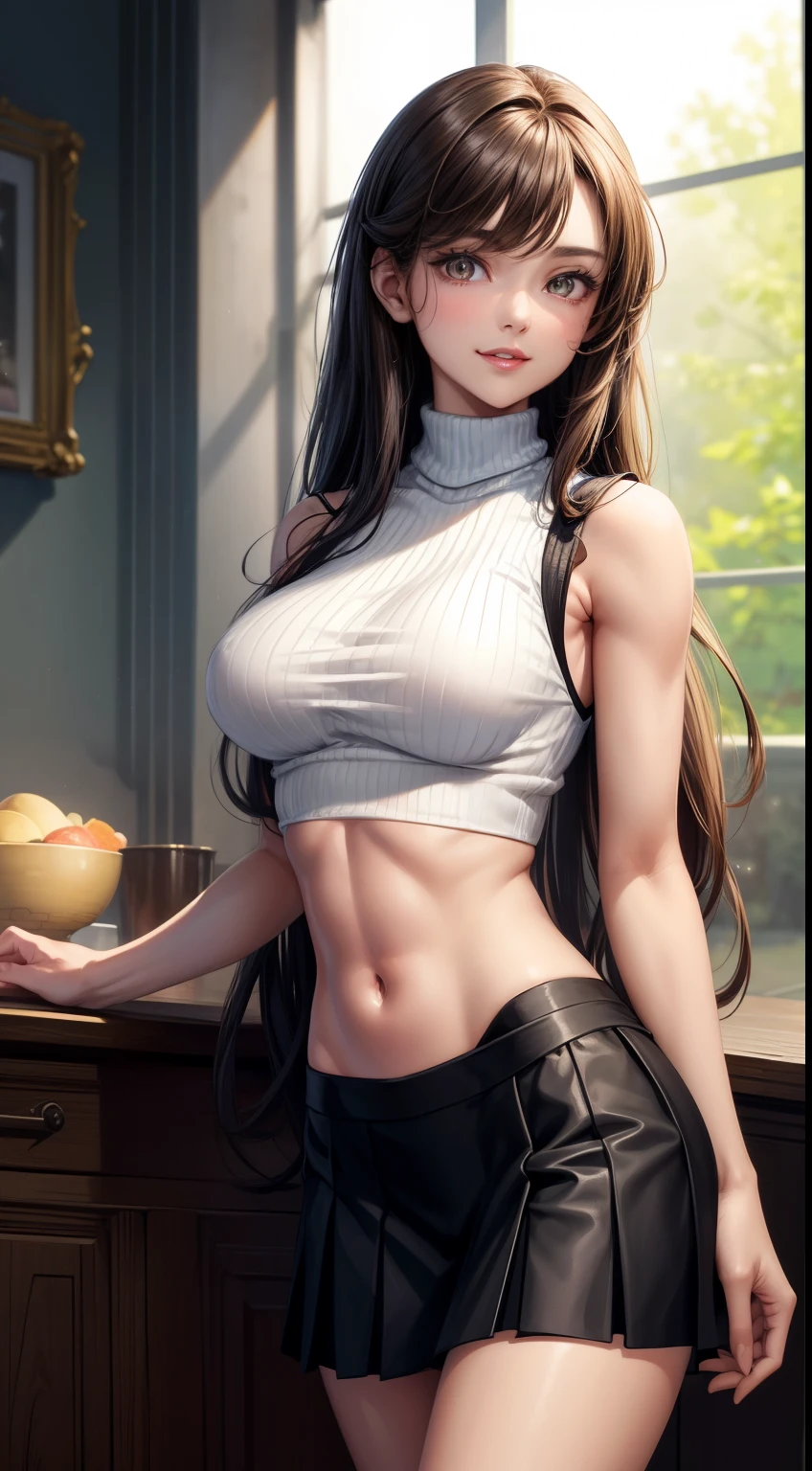 (masterpiece:1.3), High resolution, Super detailed, Highly detailed CG Unity 8K wallpaper, realistic, photo-realistic, Raw photo, Beautiful and dense face, pale skin, realistic glistening skin, fine cloth texture, detailed hair texture, perfect body, beautiful face, Accurate, anatomically correct, Highly detailed face and skin texture, natural neck length, (beautiful hands), (Fair skin:1.2), thin legs, thin legs,
break,
fine eyes, symmetrical eyes, light brown eyes, double eyelid, thin eyebrows, (glossy lips:1.4), (smile gently:1.2),
break,
(NSFW:1.1), (classy and cute girl:1.3), (1 girl), ((Wearing a white sleeveless turtleneck midriff sweater:1.3)), ((No bra:1.1)), (black pleated skirt), (knee high boots),
(medium big breasts, slender body shape, toned abdominal muscles, firm chest:1.1), beautiful clavicle,
(dark blonde hair, wavy hair, long hair:1.2), ((asymmetrical bangs:1.2)),