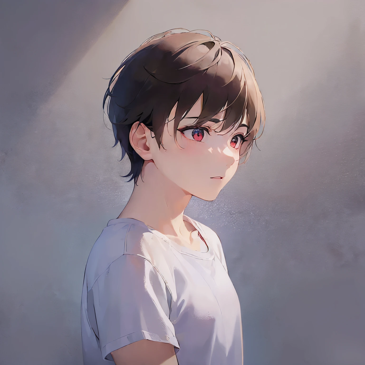(lookimg away:2), side angle, Upper Body, shining screen, masterpiece、highest quality、(25 year old male:1.5) and (brown short hair) and (red eyes), wearing a plain white T-shirt、Are standing、serious expression、background is outside、(Alone:1.5)