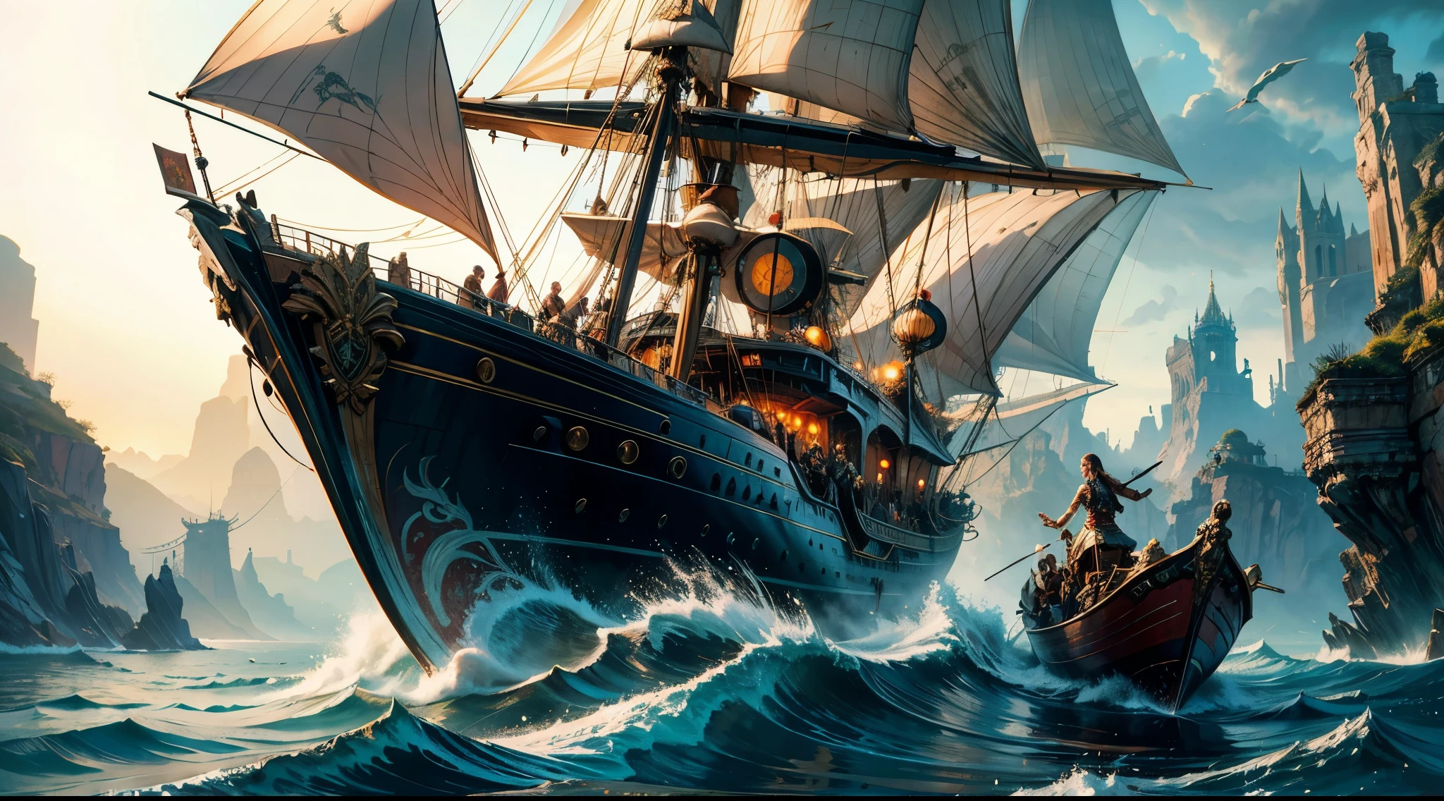 "(by Greg Rutkowski: 1.2), a breathtaking masterpiece awaits. With the utmost attention to detail and craftsmanship, this illustration showcases the best quality in every stroke. The composition is not only extremely delicate and beautiful but also reveals a fantastical landscape that captures the imagination. Dynamic lighting techniques bring the scene to life, casting a mesmerizing glow on every element. In the center, a silver lizard is intricately carved in the prow of a fantasy pirate ship sailing gracefully across the ocean. The atmosphere exudes a sense of danger and adventure, inviting exploration and discovery. From the inspirations of renowned artists such as Brian Froud, Carne Griffiths, Wadim Kashin, and John William Waterhouse, this 8K post