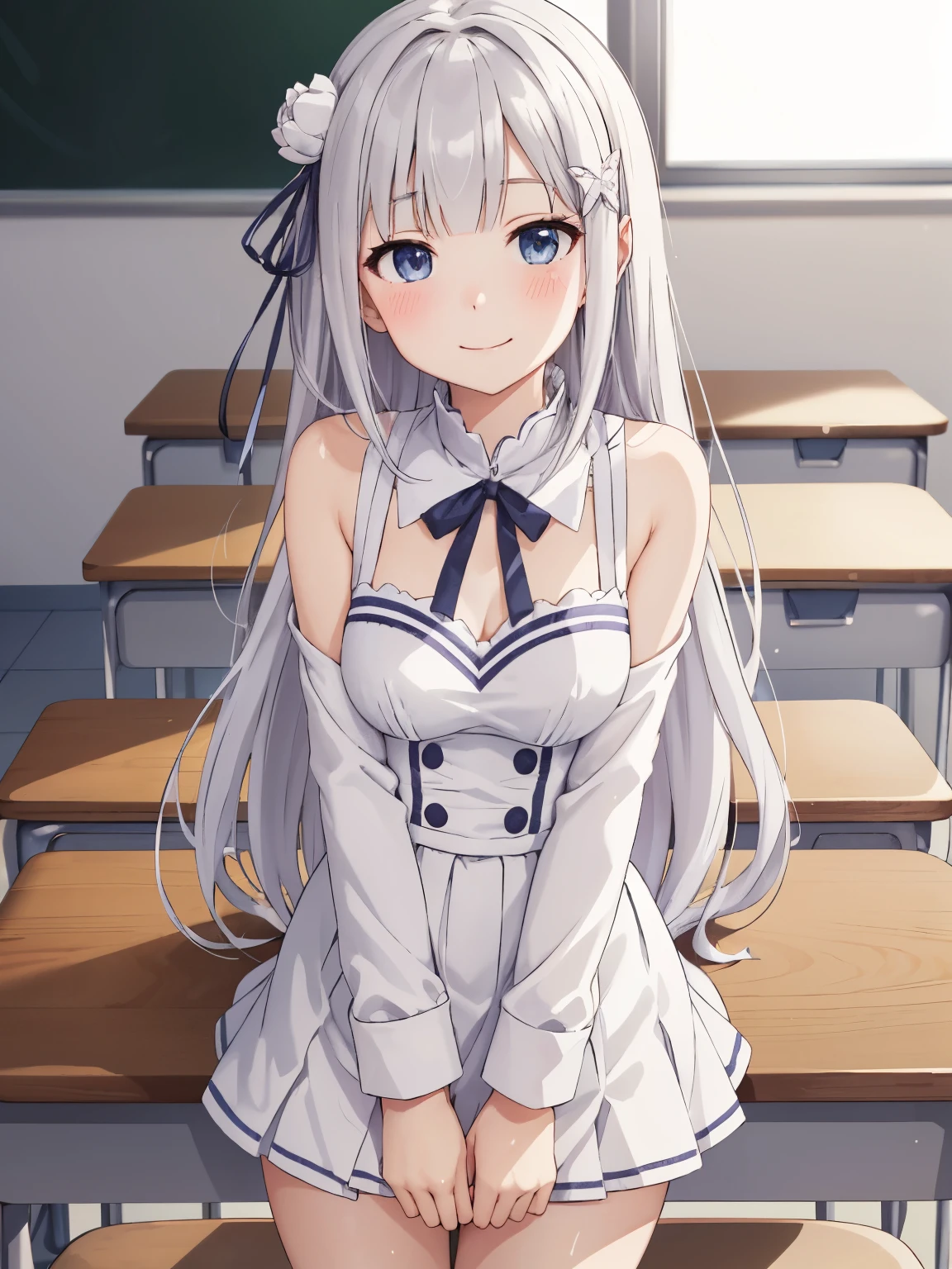 Super detailed, High resolution,[8K image:1.15]、Emilia、whole body、smile、emilia、（anime illustration style：1.5）、closed mouth、 hair ribbon、1 girl, alone, long hair,white shirt, pleated skirt, Natural light, soft lighting,, volume lighting, indoors, classroom, highly detailed background,cowboy shot、Overall view、