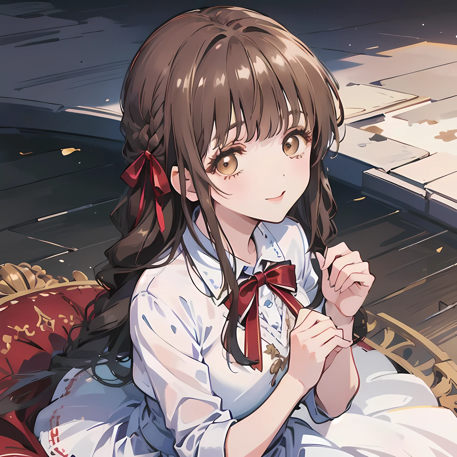 highest quality, (masterpiece:1.2), High resolution, perfect pixel, one so beautiful princess, 16 years old, (((big very detailed beautiful dark brown eyes))), ((Luxurious dresses for princesses in rococo style)), ((Very big and cute hair ribbon)), ((((very beautiful long straight straight hair)))), half up, ((Looking up at the audience and talking to them)), Very fun, Very happy, mouth is open, the skirt is so cute, detailed fingers, modest chest, ((curled bangs)), ((Lip balm)), so beautiful, long eyelashes, ((dress is photo realistic)), (((Touching your hair with your hands))), ((Showing viewers the beauty of straight hair)), ((very big girly hair ribbons)), ((Impressive and very beautiful eyes)), (((shot from above))), double eyelids, ((((He is looking up at the viewer and talking to him.)))), The background is a luxurious palace dance hall.