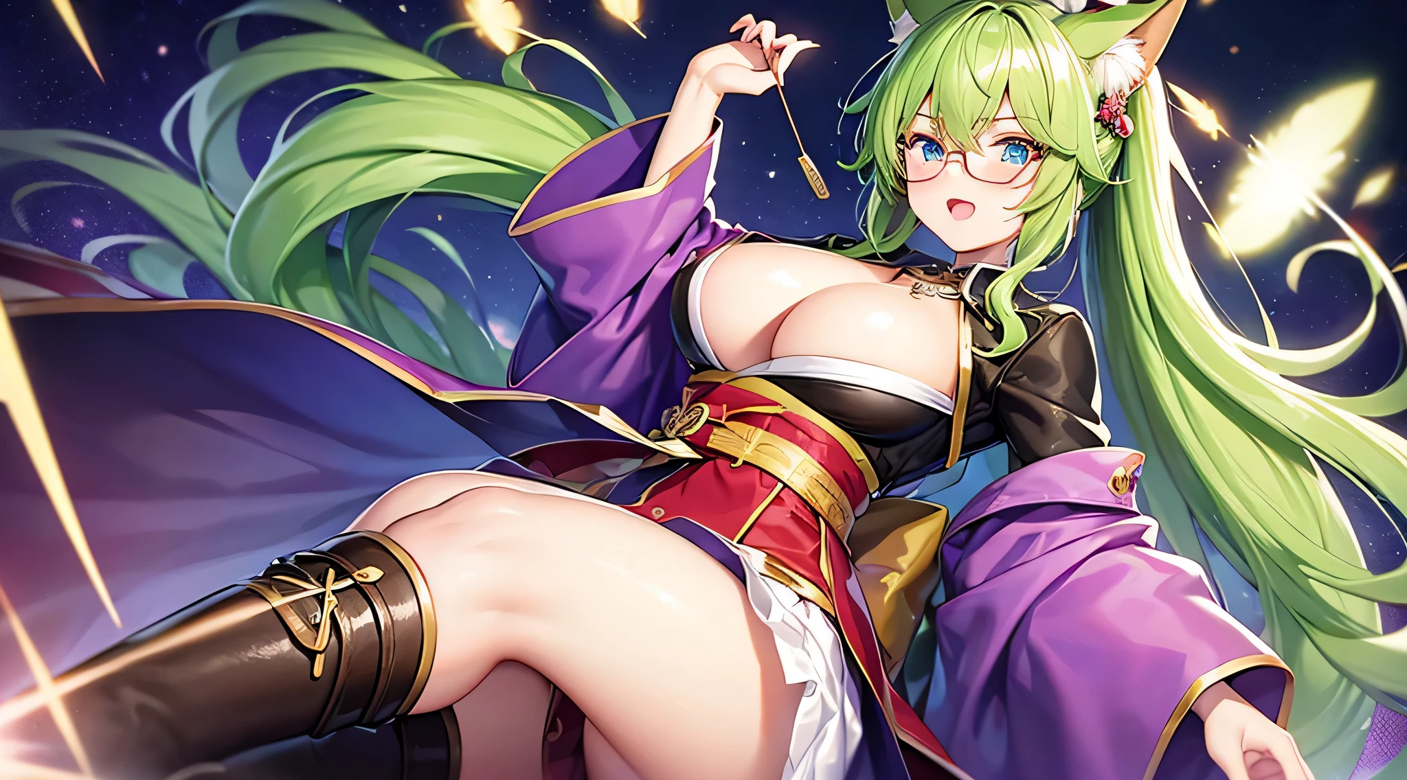 masterpiece、highest quality、1girl , solo , huge breasts、deep cleavage、light green hair、ponytail、fox ears、brightly colored eyes、blue eyes、black glasses、green kimono、light purple long hakama、brown leather jacket、leather boots、flashy necklace、charm、Wet、face turns red, very sweaty, dynamic pose、standing