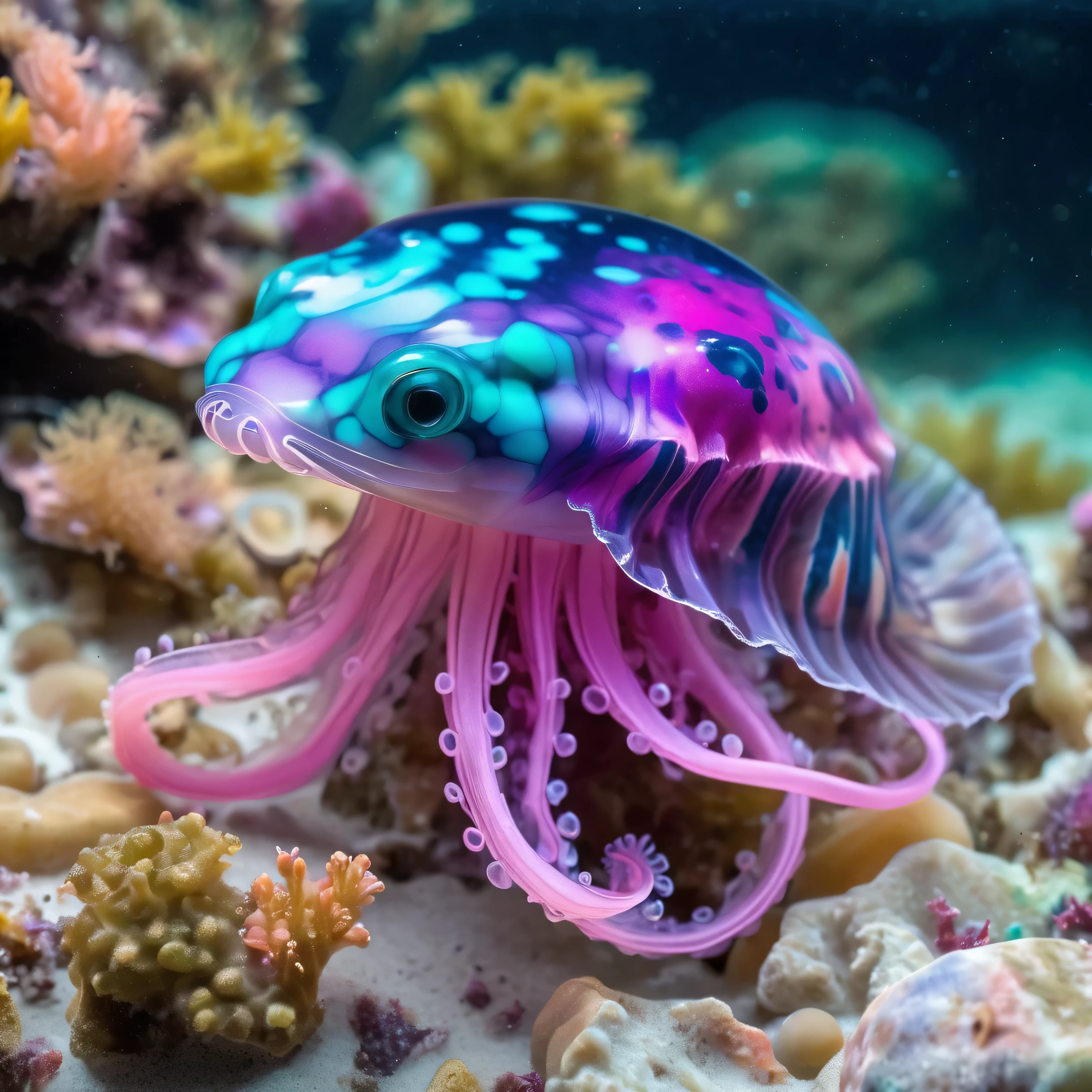 salamander jellyfish hybrid 
purple pink turquoise hues 
ultra realistic 