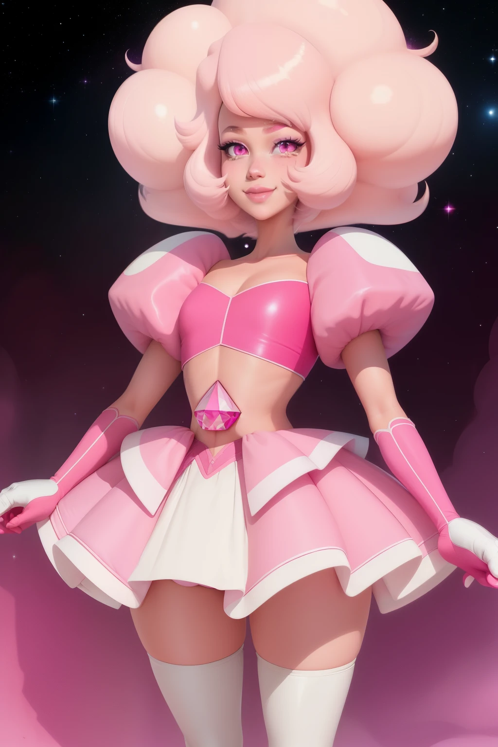 pnkdamond, pink hair, pink eyes,  big hair,  stomach gem,  pink skin,  toned, 
puffy short sleeves, elbow gloves ,  white thighhighs,   puffy dress, 
standing, upper body, 
 outerspace,  
(insanely detailed, beautiful detailed face,beautiful detailed eyes, masterpiece, best quality) cinematic lighting,  smile, 
 