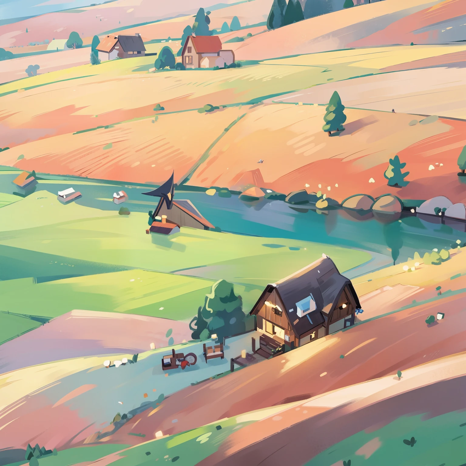 Beautiful countryside scenery、Cartoon illustration of lake and house, anime rural scenery, a small village with a lake, anime scenery, Distant village background, detailed figures, Detailed 2D illustrations, landscape art detailed, background artwork, Ultra-detailed color low poly art, anime scenery概念艺术, landscape illustration, background art, stylized digital art