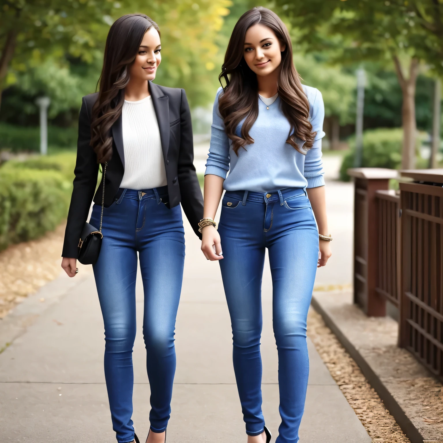 As a rule, twins have a lot in common. There is a girl wearing tight jeans and high heels.