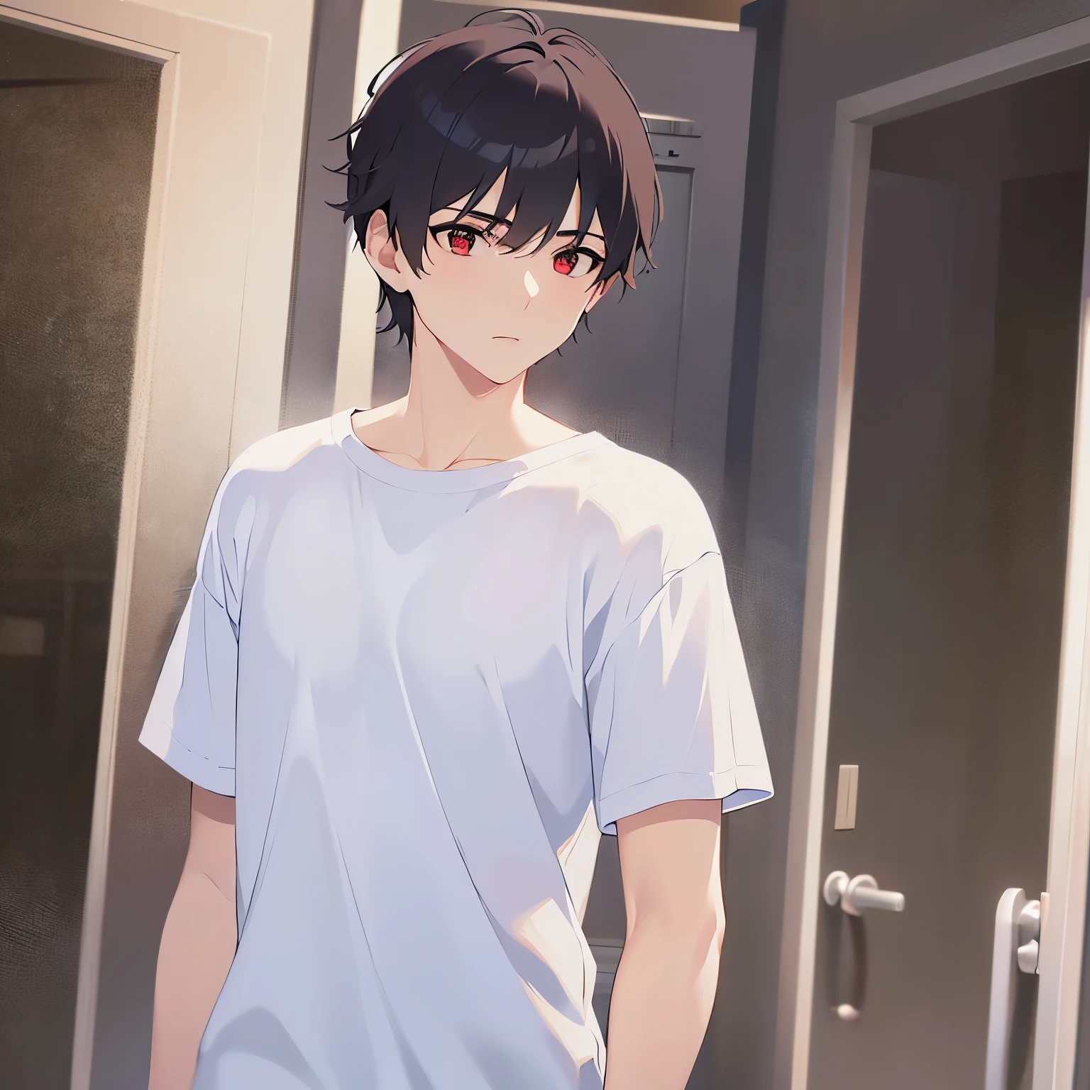 side angle, Upper Body, shining screen, masterpiece、highest quality、(25 year old male:1.5) and (brown short hair) and (red eyes), wearing a plain white T-shirt、Are standing、(confused:1.5)、background is outside、(Alone:1.5)
