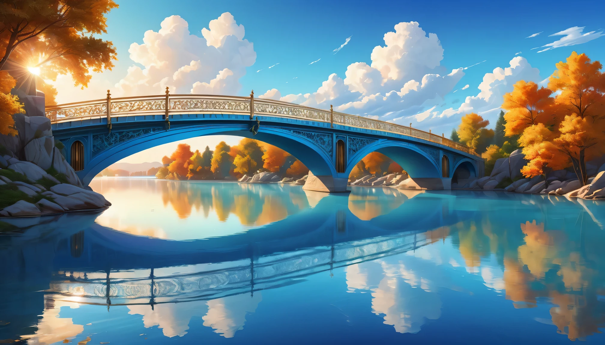 (best quality,4k,8k,highres,masterpiece:1.2),ultra-detailed,realistic,physically-based rendering,vector art,bridge,beautifully rendered,elaborate details,impeccable accuracy,vivid colors,perspective,impressive architectural masterpiece,piercing blue skies,reflection on water,crisp lines,immaculate structure,clean and precise,modern design,shadows and highlights,dramatic lighting,wispy clouds,floats in mid-air,futuristic,absolutely stunning imagery,dimensions,meticulously crafted geometric shapes,endless depth,striking contrast,seamlessly blending elements,polished finish,artistic precision