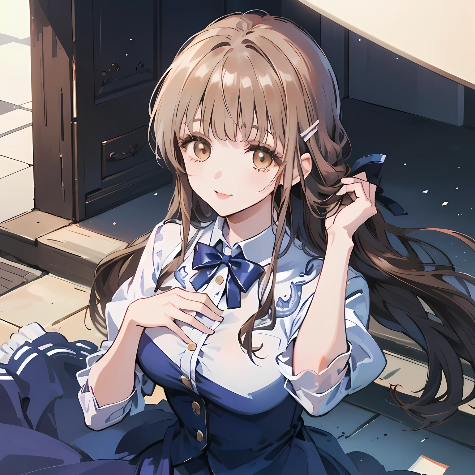 highest quality, (masterpiece:1.2), High resolution, perfect pixel, one so beautiful princess, 16 years old, (((big very detailed beautiful dark brown eyes))), ((Luxurious dresses for princesses in rococo style)), ((Very big and cute hair ribbon)), ((((very beautiful long straight straight hair)))), half up, ((Looking up at the audience and talking to them)), Very fun, Very happy, mouth is open, the skirt is so cute, detailed fingers, modest chest, ((curled bangs)), ((Lip balm)), so beautiful, long eyelashes, ((dress is photo realistic)), (((Touching your hair with your hands))), ((Showing viewers the beauty of straight hair)), ((very big girly hair ribbons)), ((Impressive and very beautiful eyes)), (((shot from above))), double eyelids, ((((He is looking up at the viewer and talking to him.)))), The background is a luxurious palace dance hall.