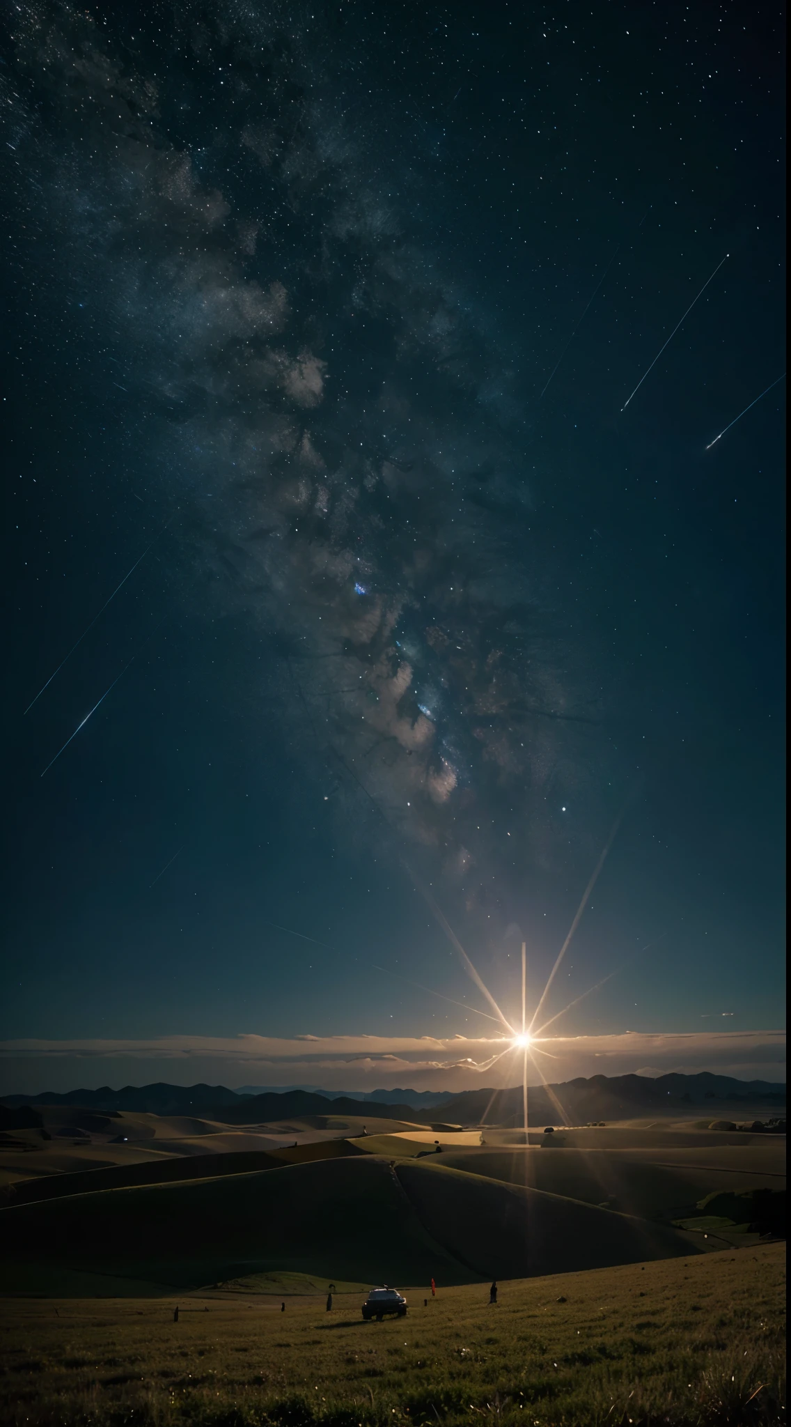 Craft a dreamlike scene of a spacecraft gliding gracefully through a field of shimmering cosmic dust, illuminated by the gentle light of distant stars