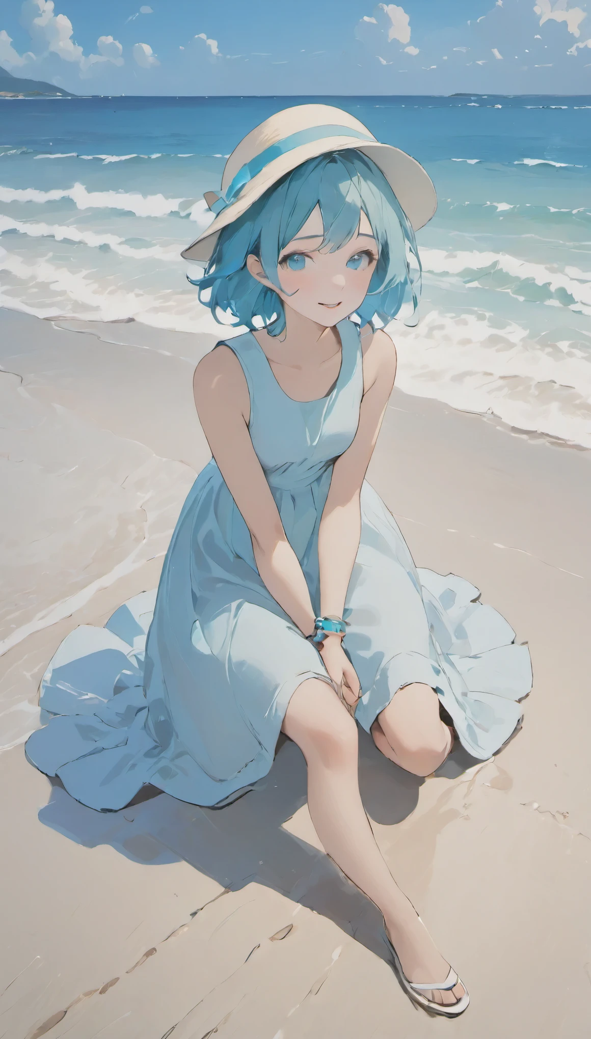 Depth of the bounds written, atmospheric teeth, masterpiece, highest quality, 1 girl, sitting, kneel down, alone, cloud, outdoor, bracelet, white dress, aqua hair, blue eyes, beach, short hair, Day, water, No sleeve, Ocean, white hat, blue sky