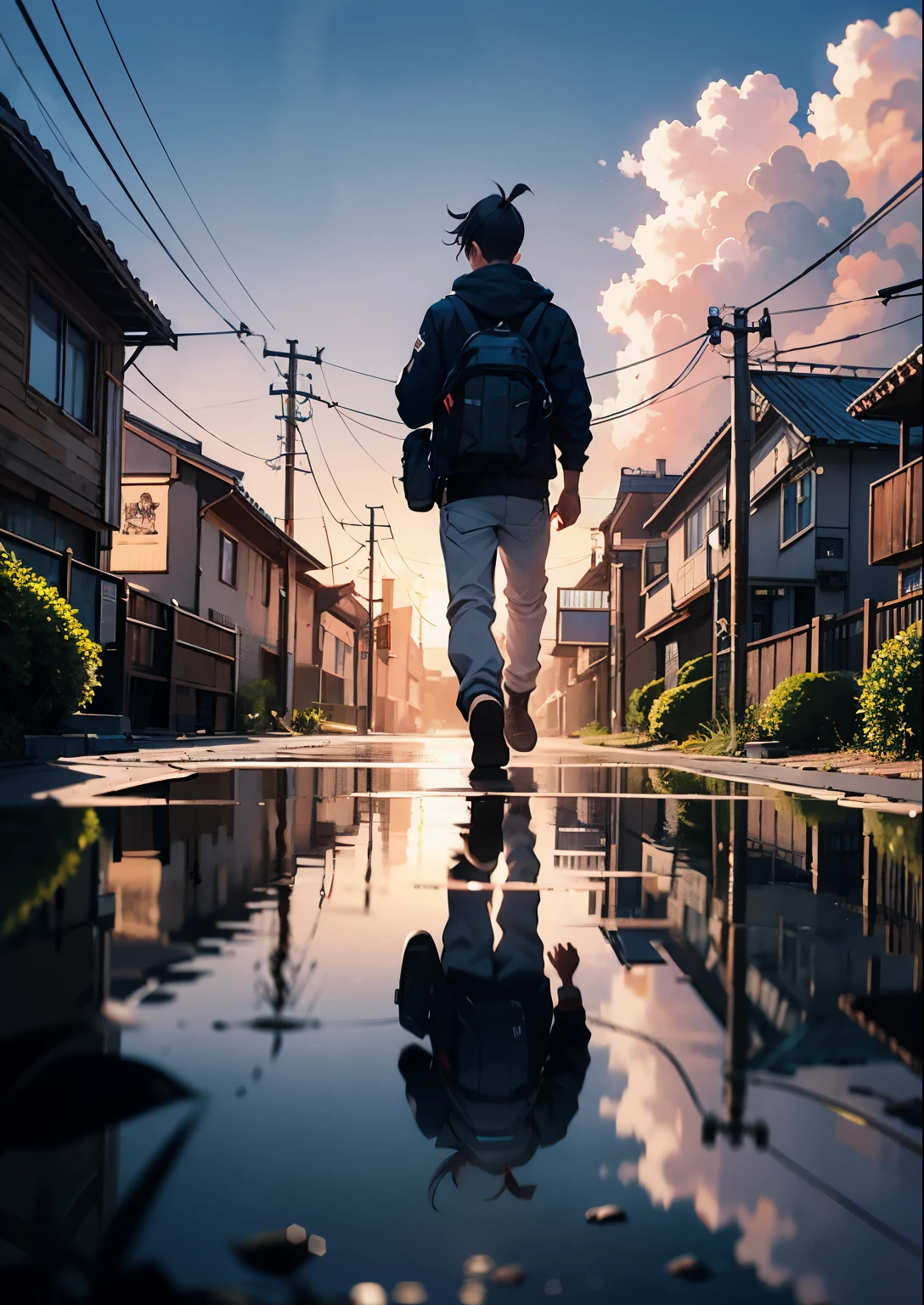 2 boys,a 13 year old boy、twin,Cyberpunk boy、Samurai sword,machine gun、silver hair、ponytail、Bloody all over、Composition top view、The beginning of the adventure、Enter the cloud、chaotic future city、ruined and ruined city、Japanese architecture is very complex、warm light、puddle、chaotic landscape、Beautiful and dreamy scenery、movie scene、high quality、on the table,8K、high resolution、Super detailed,