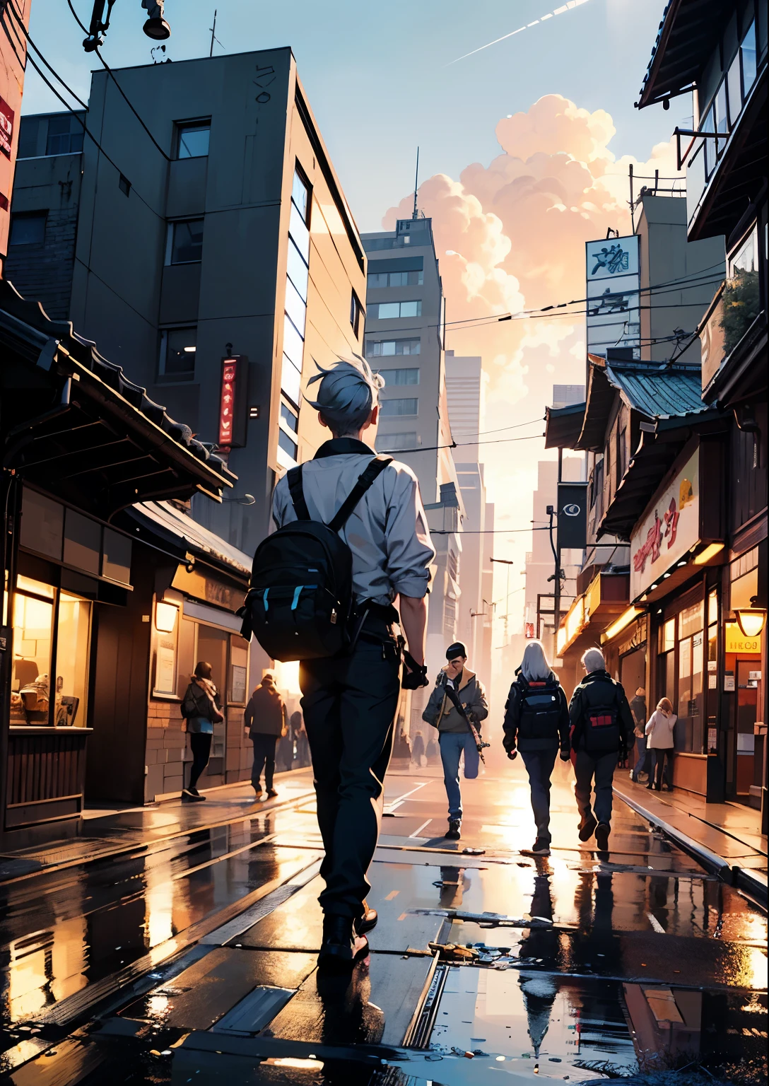 2 boys,a boy、twin,Cyberpunk boy、Samurai sword,machine gun、silver hair、ponytail、Bloody all over、Composition top view、The beginning of the adventure、Enter the cloud、chaotic future city、ruined and ruined city、Japanese architecture is very complex、warm light、puddle、chaotic landscape、Beautiful and dreamy scenery、movie scene、high quality、on the table,8K、high resolution、Super detailed,