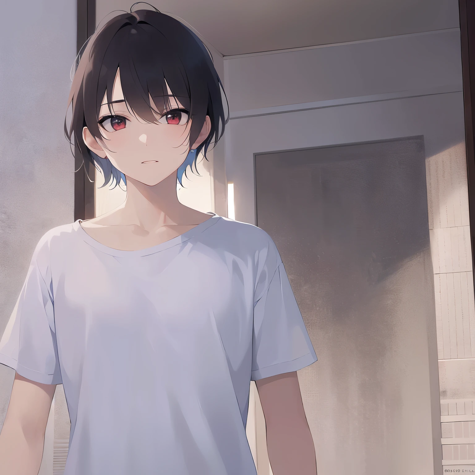 Shooting from below, Upper Body, shining screen, masterpiece、highest quality、(25 year old male:1.5) and (brown short hair) and (red eyes), wearing a plain white T-shirt、Are standing、(confused:1.5)、background is outside、(Alone:1.5)