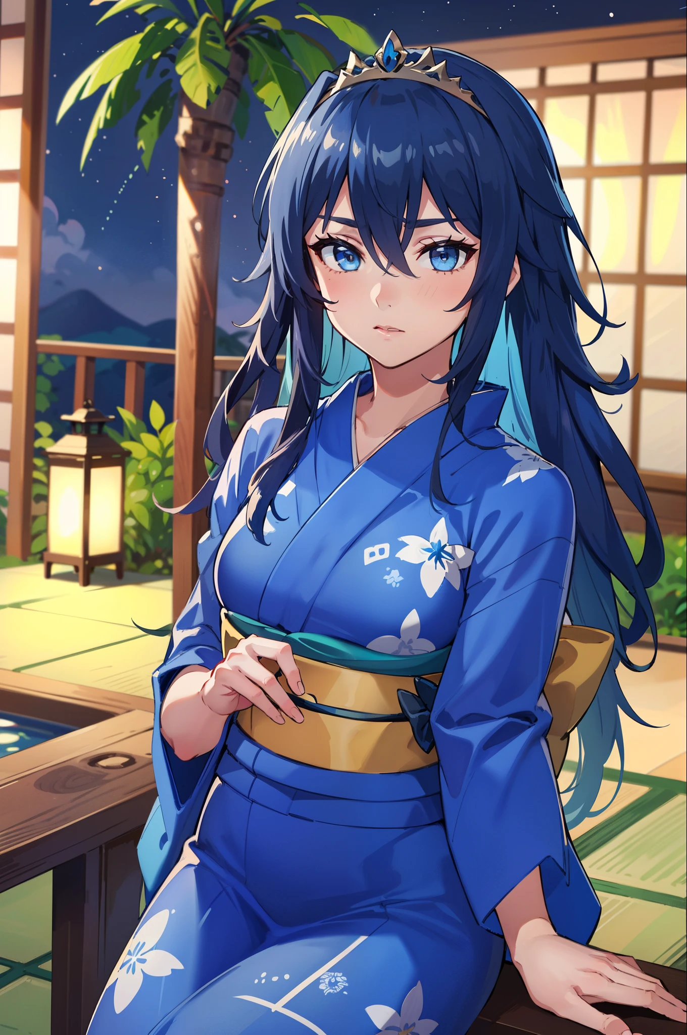 LucinaYukata, tiara, blue yukata, blue kimono, blue hair, tiara (masterpiece, best quality), intricate details, 1girl, blue eyes, solo, tiara, hair between eyes, 