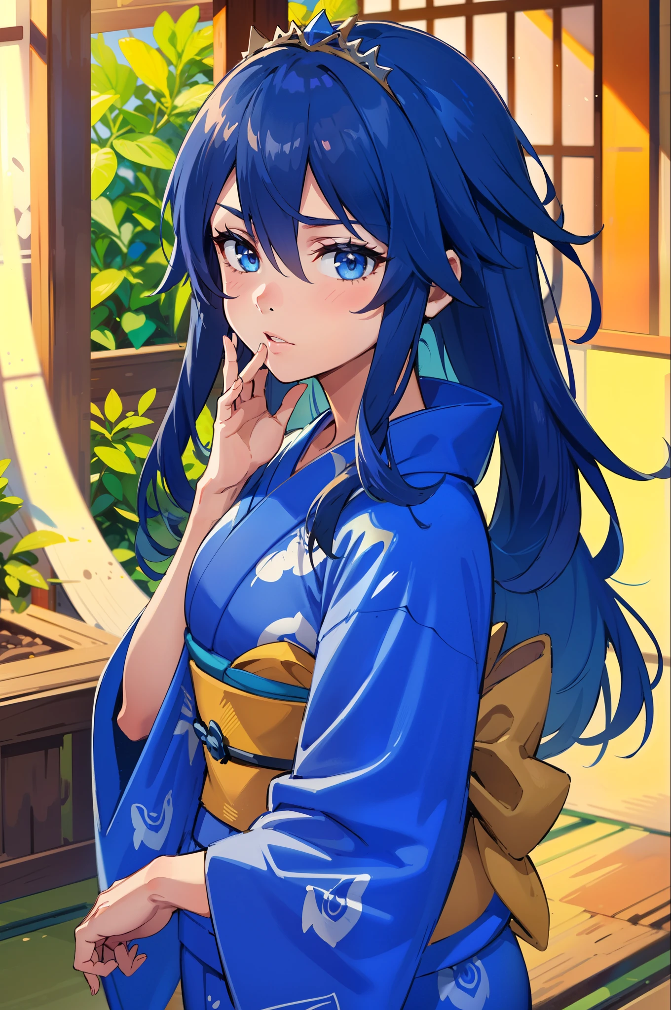 LucinaYukata, tiara, blue yukata, blue kimono, blue hair, tiara (masterpiece, best quality), intricate details, 1girl, blue eyes, solo, tiara, hair between eyes, 