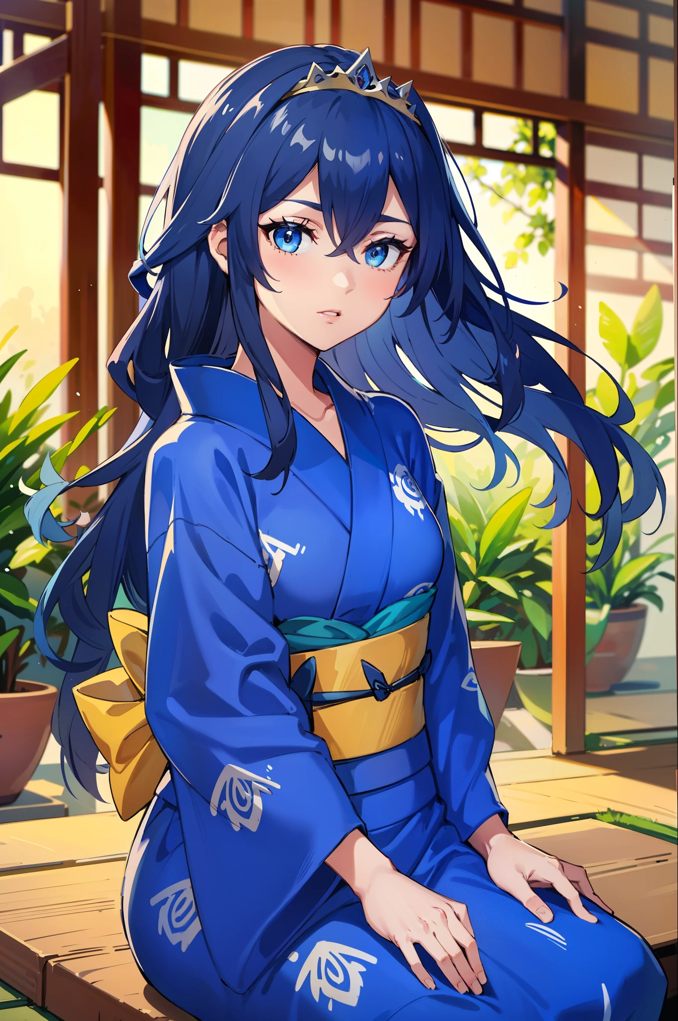 LucinaYukata, tiara, blue yukata, blue kimono, blue hair, tiara (masterpiece, best quality), intricate details, 1girl, blue eyes, solo, tiara, hair between eyes, 