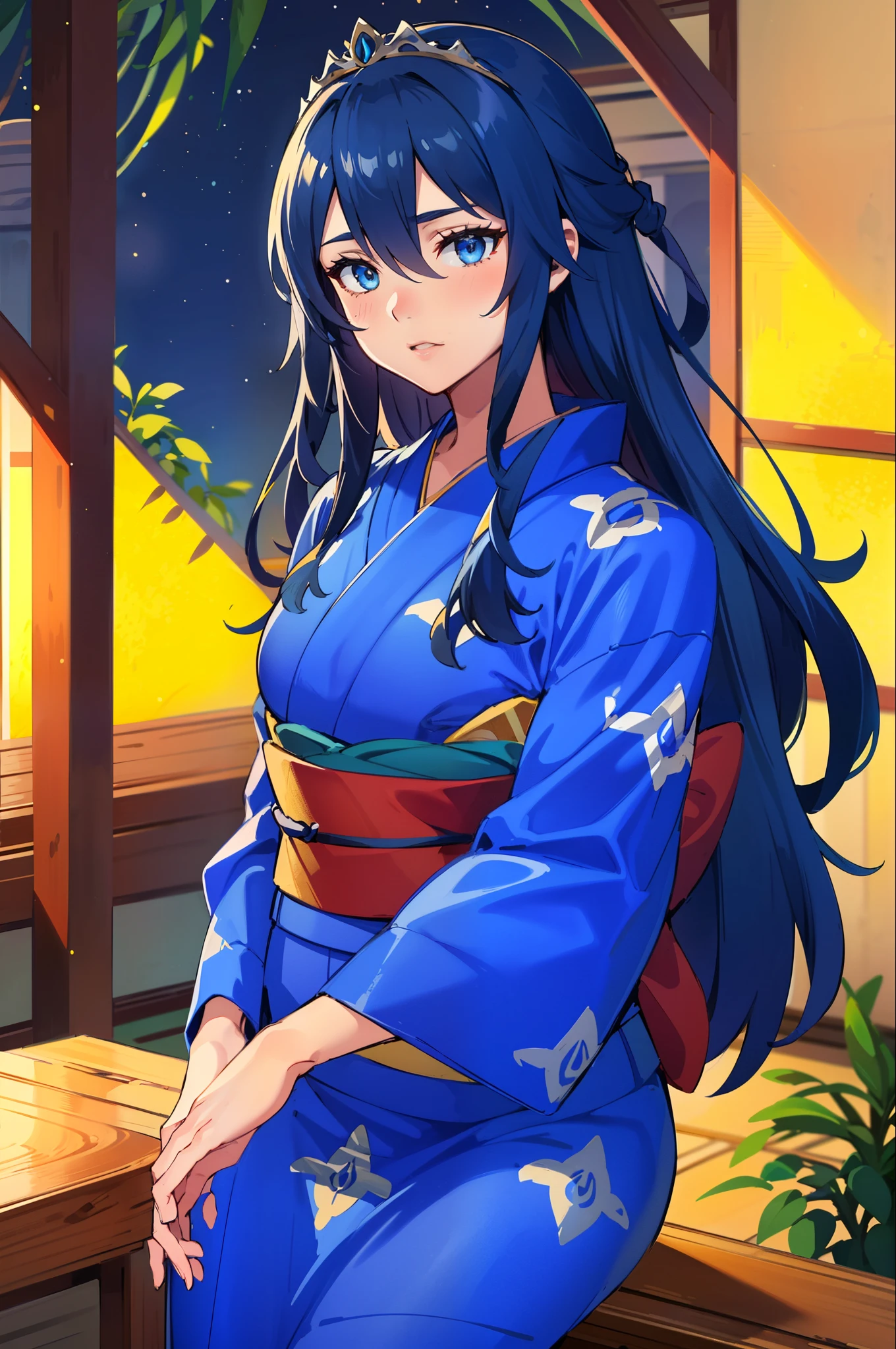 LucinaYukata, tiara, blue yukata, blue kimono, blue hair, tiara (masterpiece, best quality), intricate details, 1girl, blue eyes, solo, tiara, hair between eyes, 