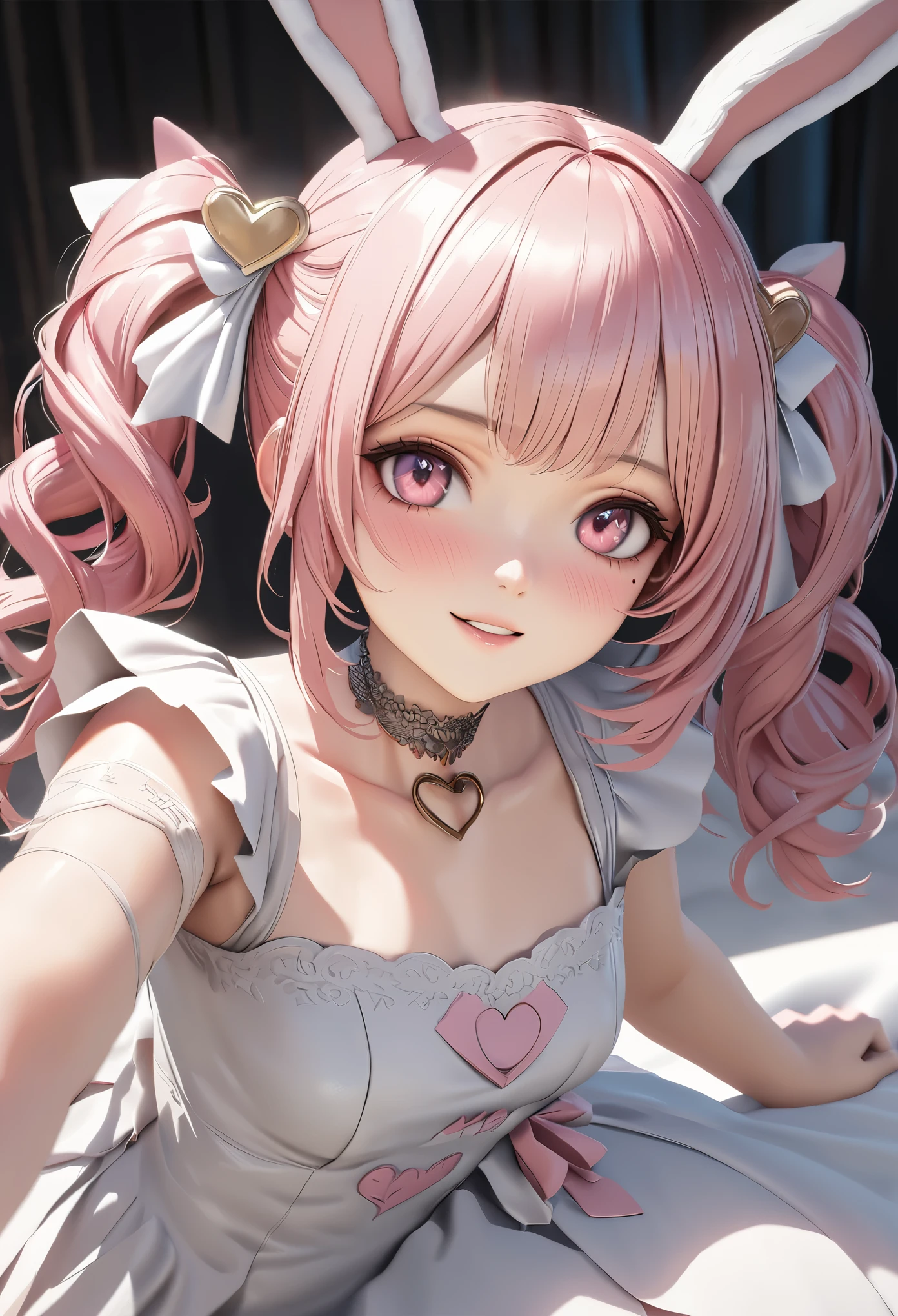 Top quality, best quality, super detailed, hi-res, high resolution, HDR, 4k, 8k, unity 8k wallpaper, highly detailed CG, masterpiece, realistic, photorealistic, 2D, 3D, beautiful details, depth, fine textures , ultra-fine: 1.3, fully focused, crispy.skin, .berak,
Very cute anime girl with pigtails hair in a pink bun dressed like a doll, smile,one girl,Her name is Mira, solo, pink hair, animal ears, mole under the eyes, looking at viewer, dress, blush, white Dress, mole, bunny ears, parted lips, hair ornament, heart, pink eyes, choker