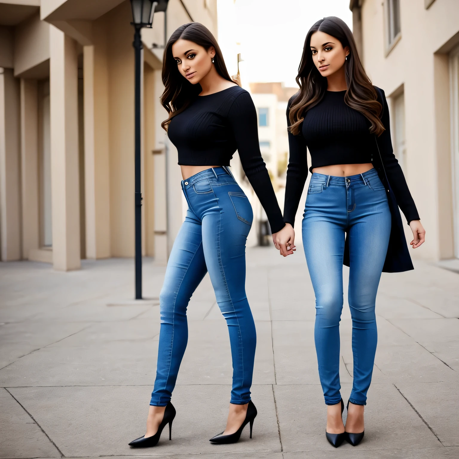 As a rule, twins have a lot in common. There is a girl wearing tight jeans and high heels.