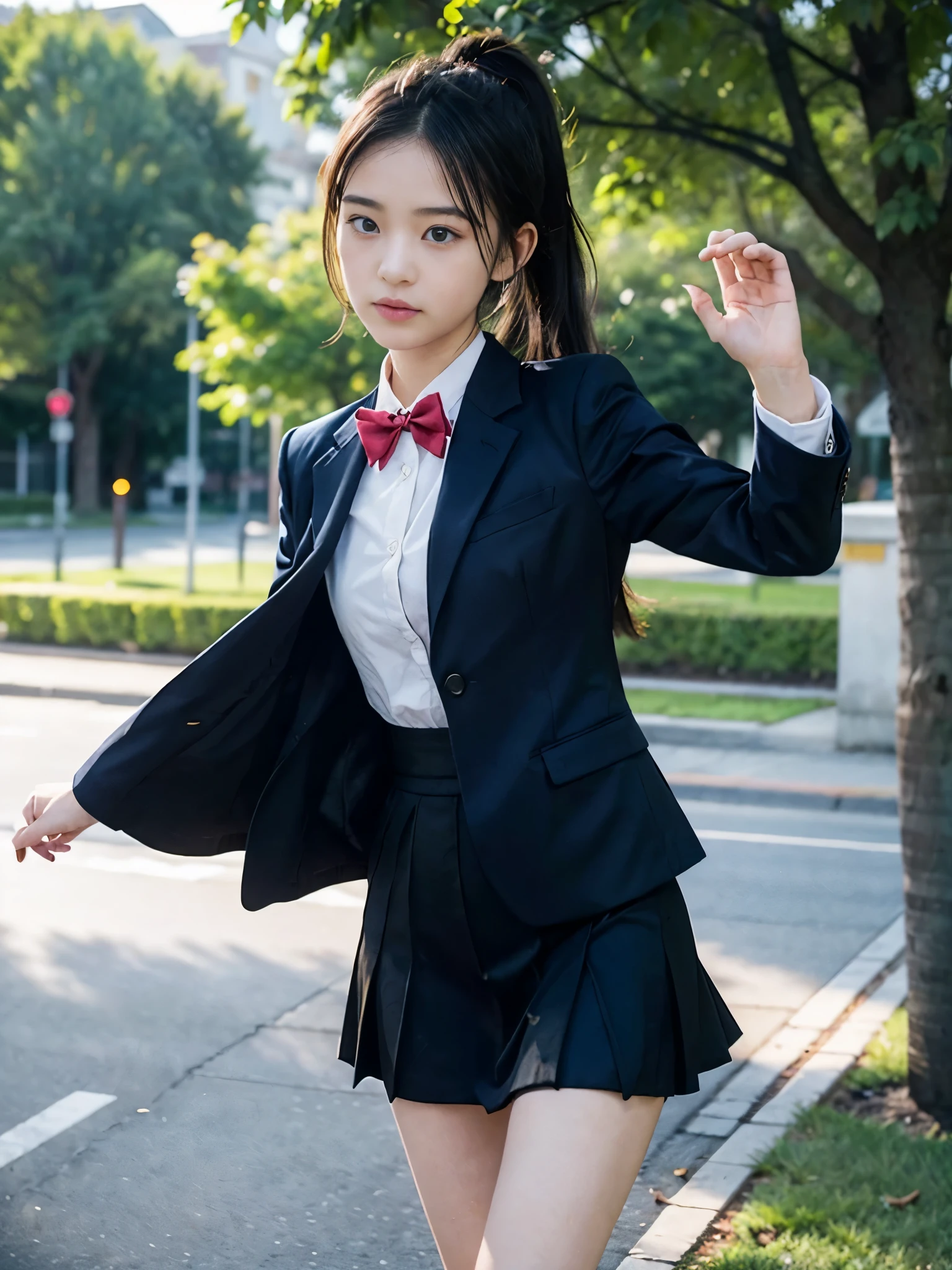 (masterpiece, highest quality:1.4), award-winning portraits, 8K, 85mm, alone, beautiful face, delicate girl, , (dark navy blazer jacket, turn your arms behind your back, close your face:1.2), dark navy skirt, long sleeve, violaces, gardenia, grace, Sophisticated, cute, teen, looking at the viewer, 15 years old, Raw photo, disorganized, HDR, sharp focus, A bow tie, background bokeh、(((flat 、thin and delicate body、A childish atmosphere)))、shiny semi-long hair、ponytail、Mole on the left cheek、large, round, dark blue eyes、(knee shot)、the skirt is swaying in the wind、((Uplifting、come running to me、hair waving in the wind))、