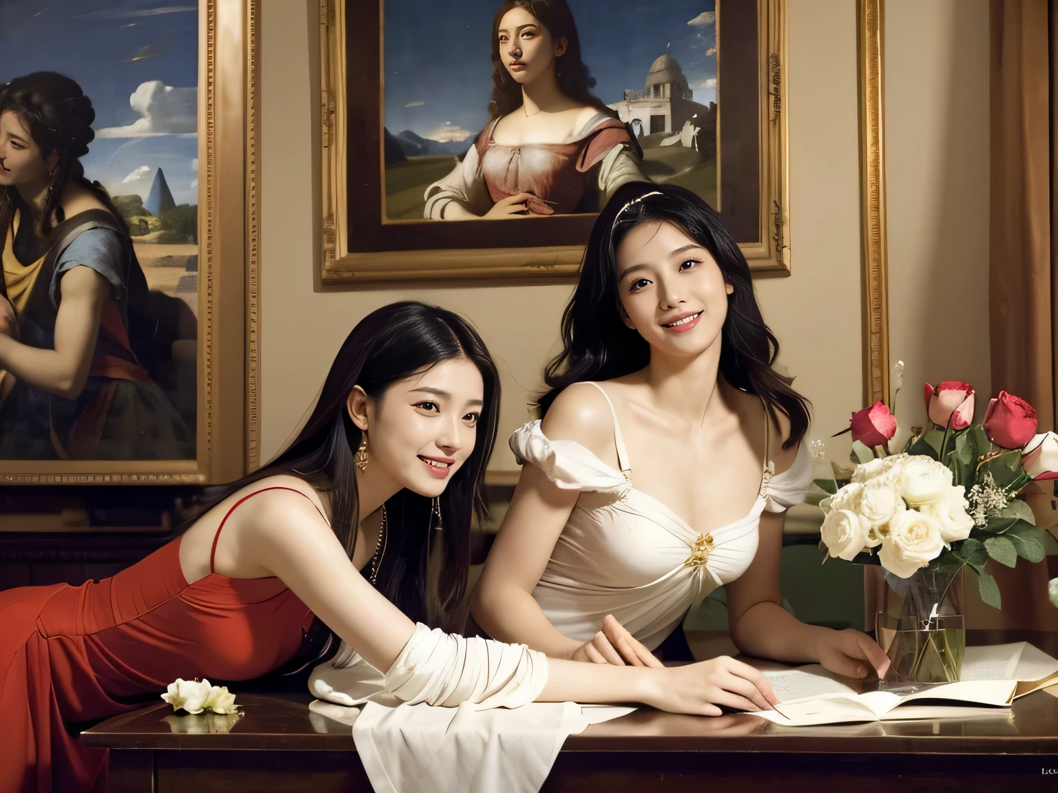 Giorgione painting style,Arguments of two female Philosophe,math、astronomical machine、astronaut、roses in vase、fruits、Cute trinkets、smile、ancient greek costume、Ancient Roman landscape in the style of Nicolas Poussin,laughter,,Sweet and seductive appearance.、Caravaggio's paintings、Chiaroscuro of Caravaggio、hair tousled by the wind,Two women frolicking,cute smile, expression of ecstasy,Sexy,erotic
