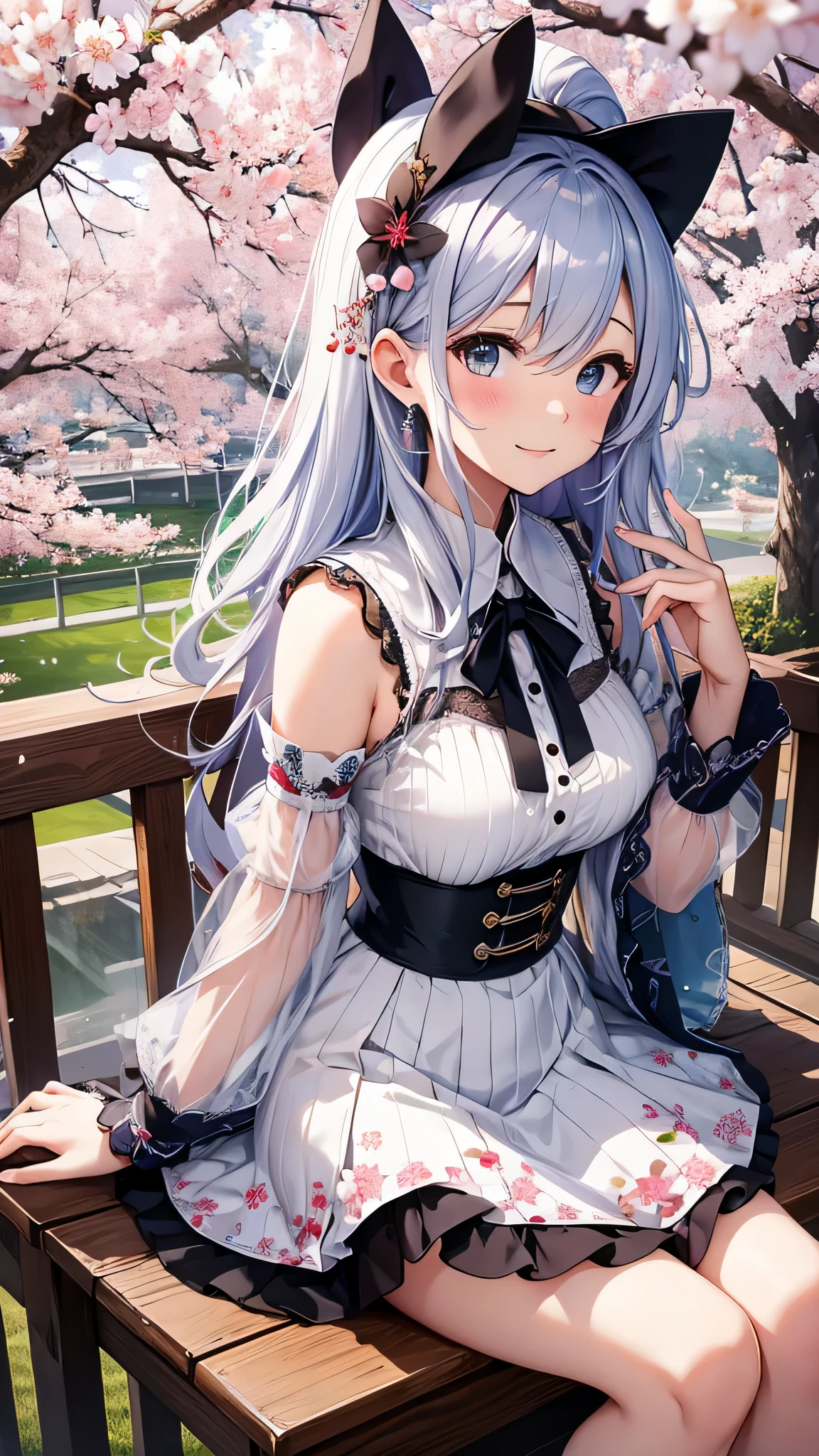 最high quality、best image quality、masterpiece、girl((18-year-old、 By becoming、vest bust、medium bust,wide open breast tea、shining eyes, silver hair、long hair、thin,highest valley、white see-through dress、White short skirt、Wristband、smile、back view、cherry blossom hair ornament)),high quality、beautiful art、background((SakuraFubuki、Falling cherry blossoms、Cherry tree、beautiful park、square、Cherry Meadow、Wind、wood table、wood chair、black tea))、Flight、debris flies、Depth of written boundary、movie、visual art、perfect art、8K,genuine、