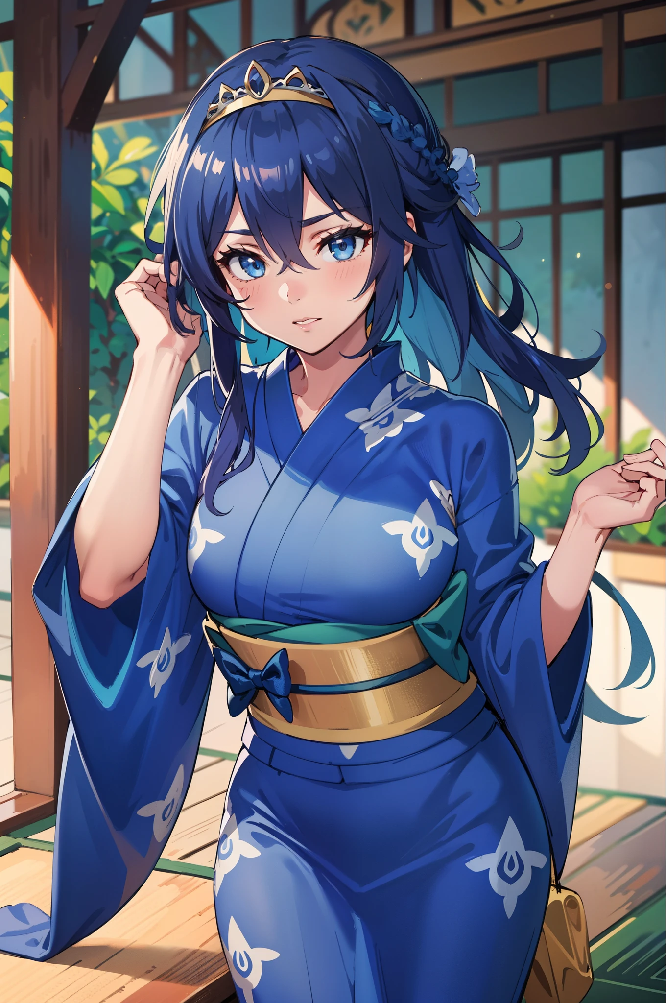 LucinaYukata, tiara, blue yukata, blue kimono, blue hair, tiara (masterpiece, best quality), intricate details, 1girl, blue eyes, solo, tiara, hair between eyes, 