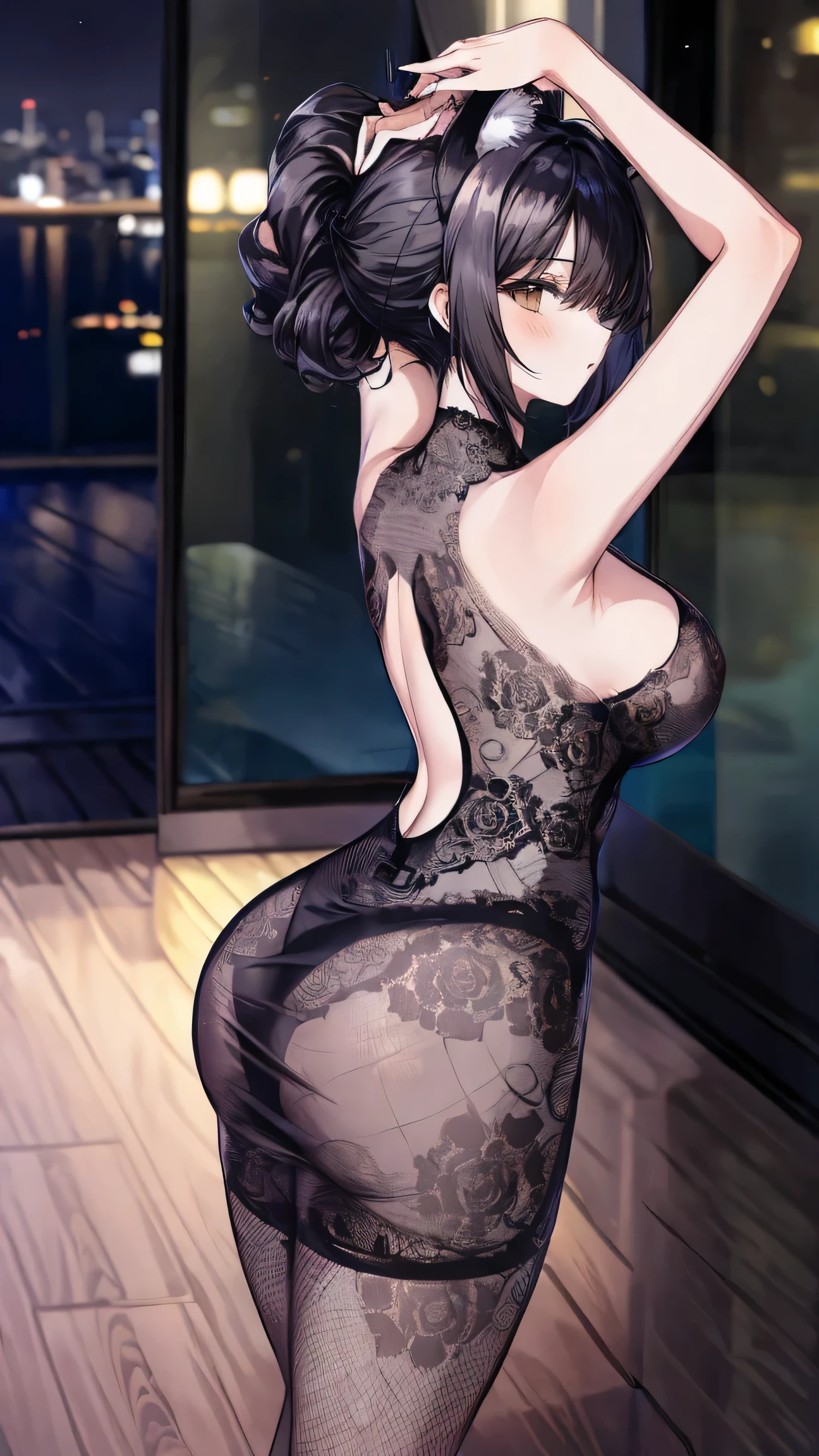 (masterpiece), (highest quality), {girl|lady|Cat ear}, looking at the viewer, {Day|night}, {indoors|outdoor}, {natural wave short hair|shaggy cut|long bold side bangs|curly hair|neat ponytail|sophisticated pixie cut|voluminous updo|black dress}